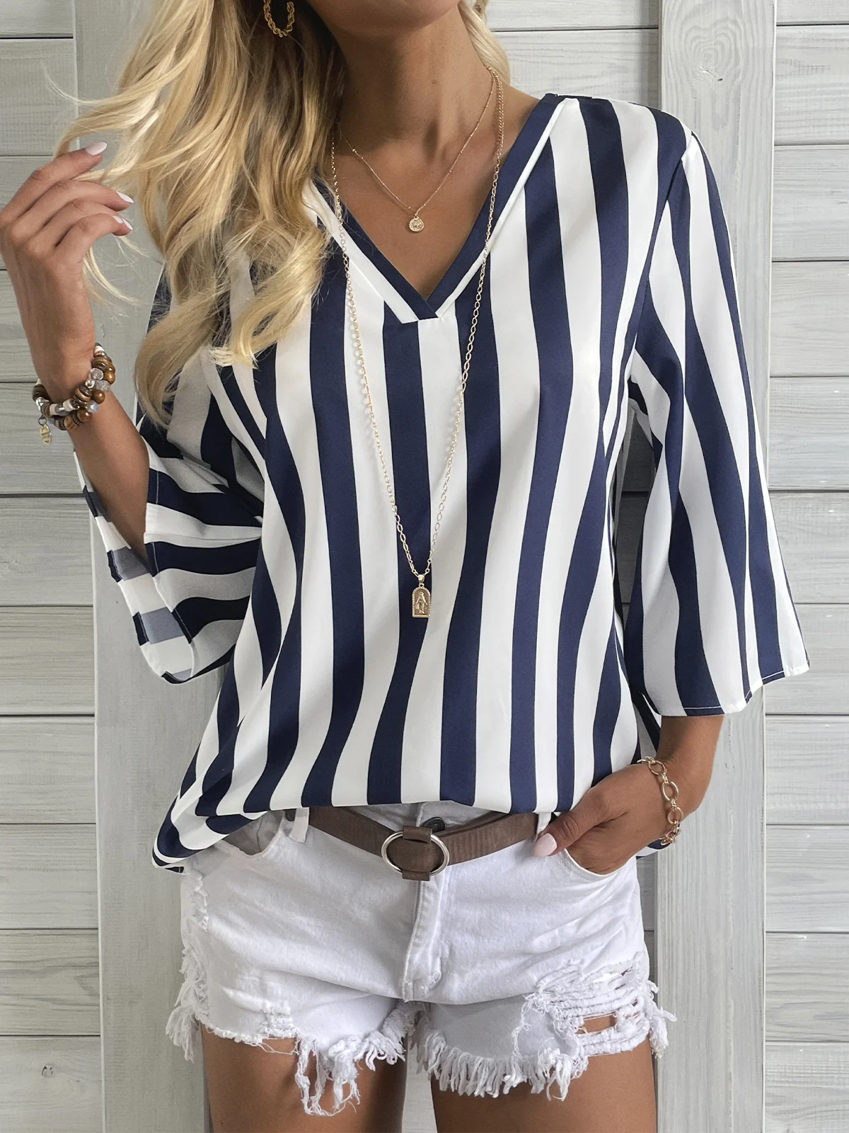 Striped V Neck Printing Casual Shirt