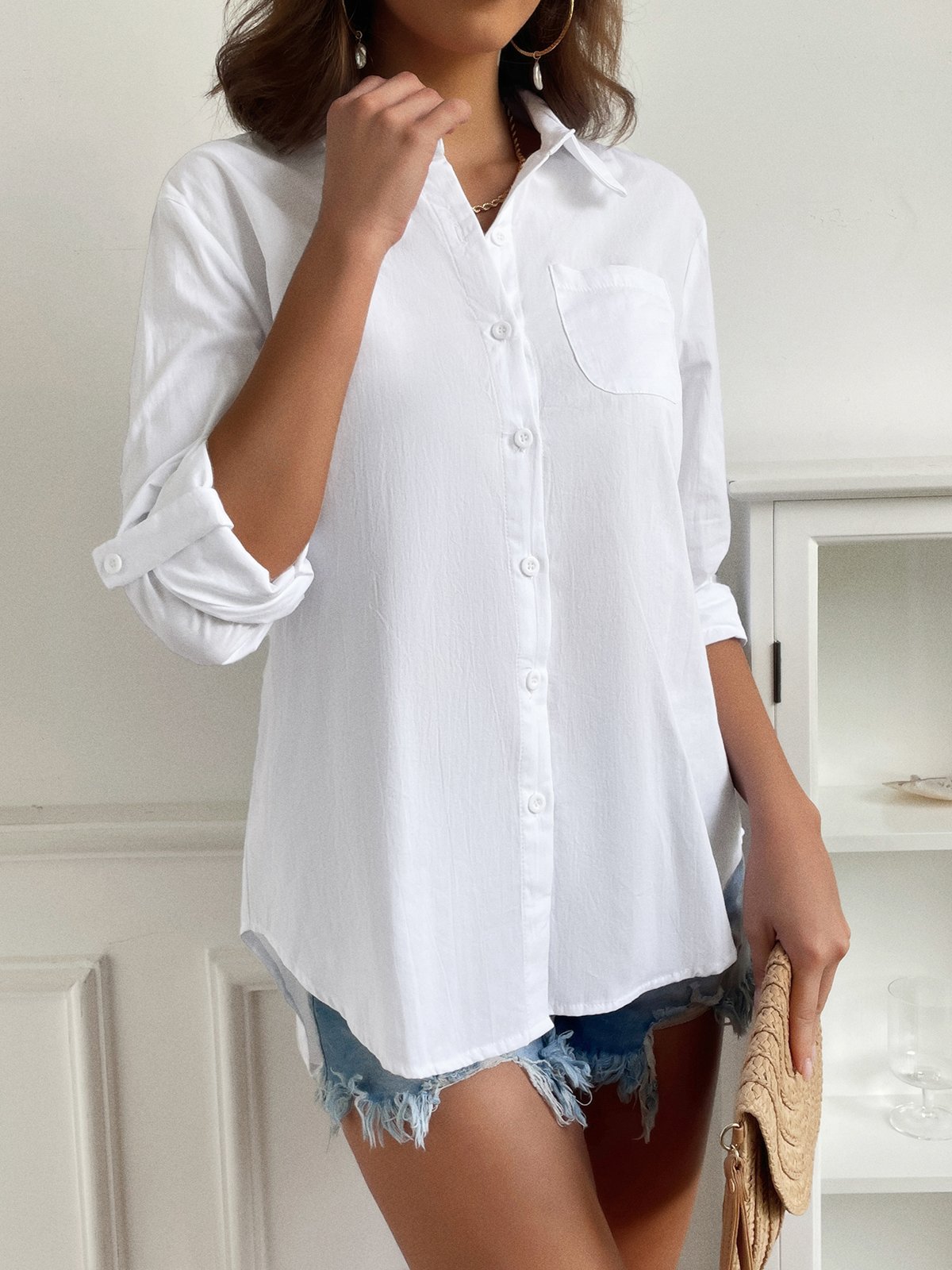 Loose Pockets Casual Cotton Blouse