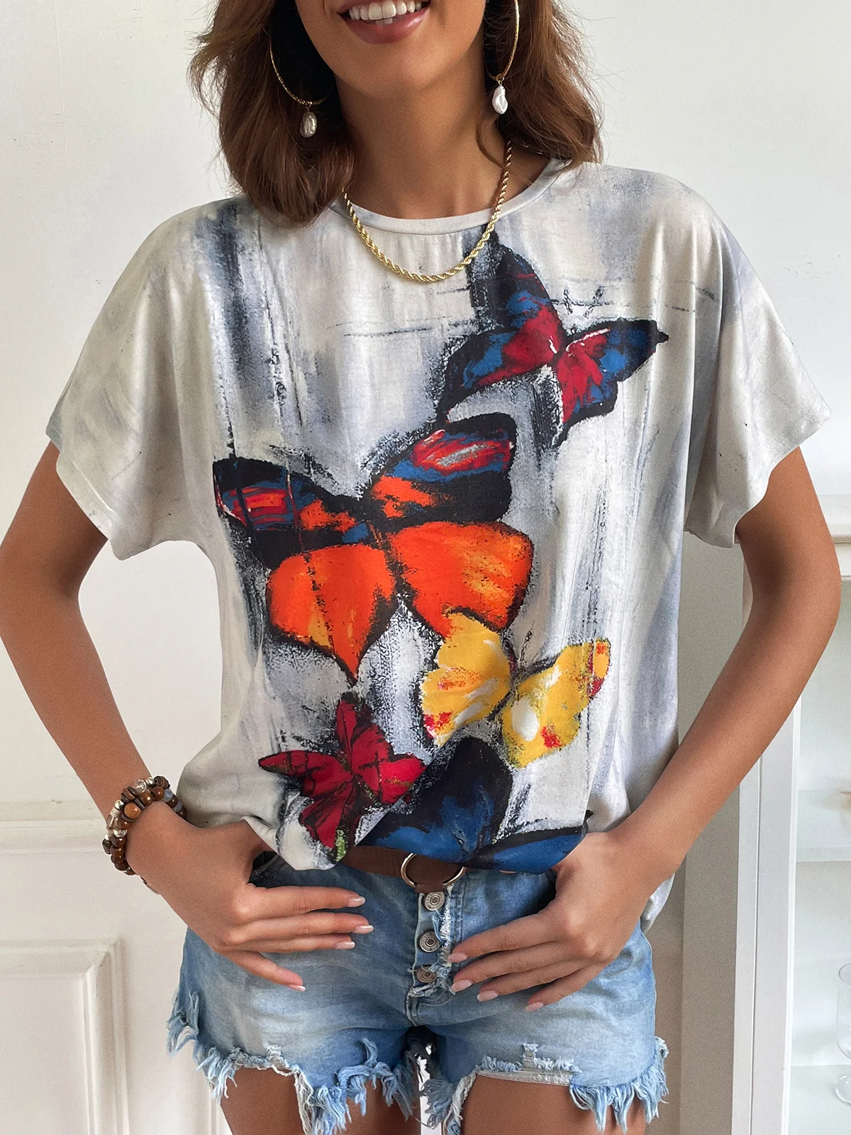 Casual Crew Neck Butterfly Loosen Short Sleeve T-Shirt