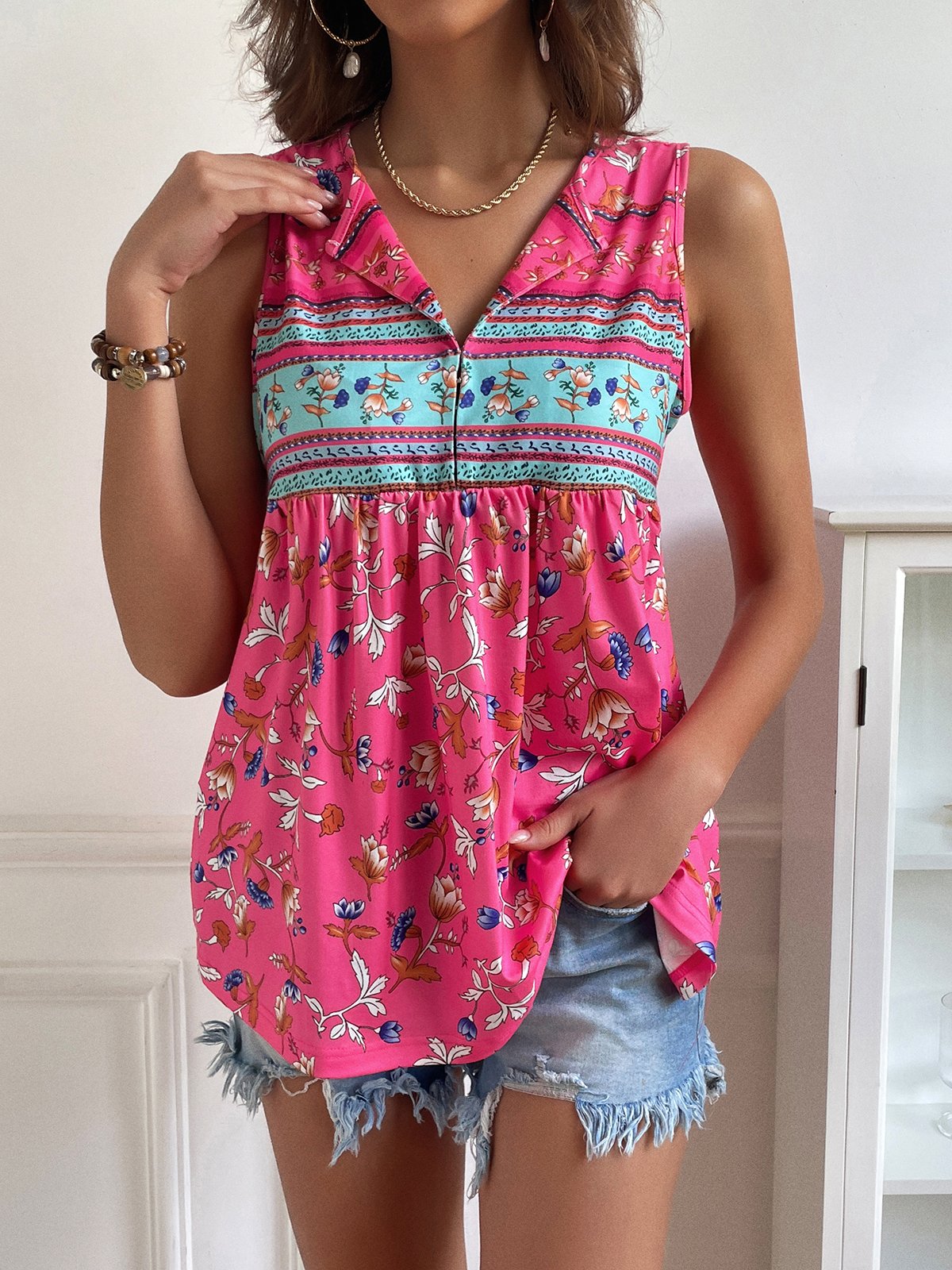 Floral Loose Vacation V Neck Tank Top