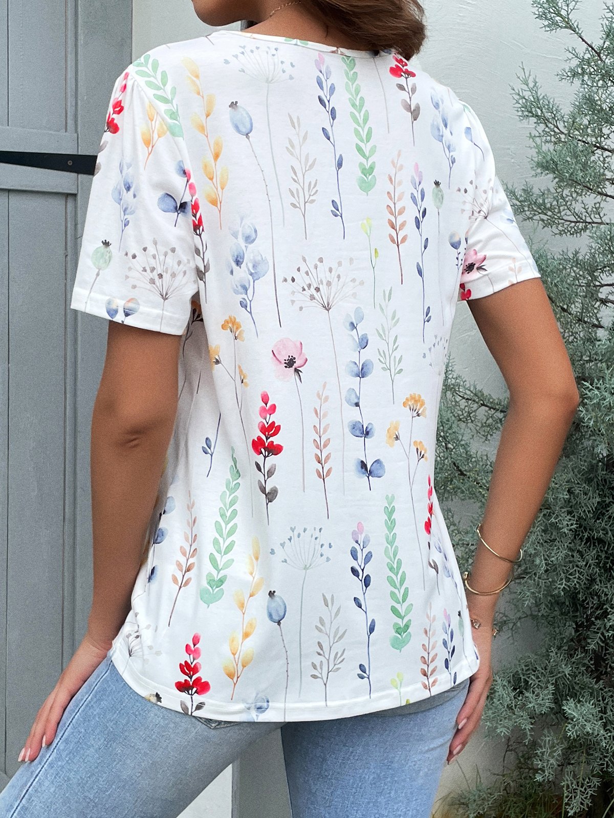 V Neck Casual Loose Floral Shirt