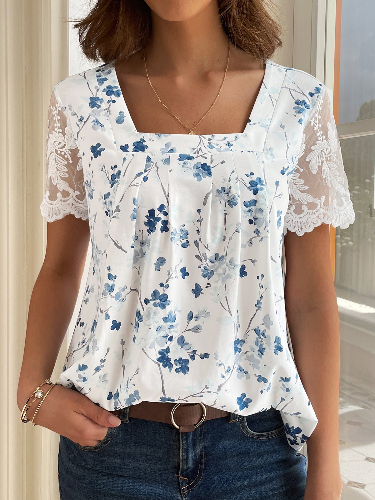 Casual Lace Square Neck Floral Shirt