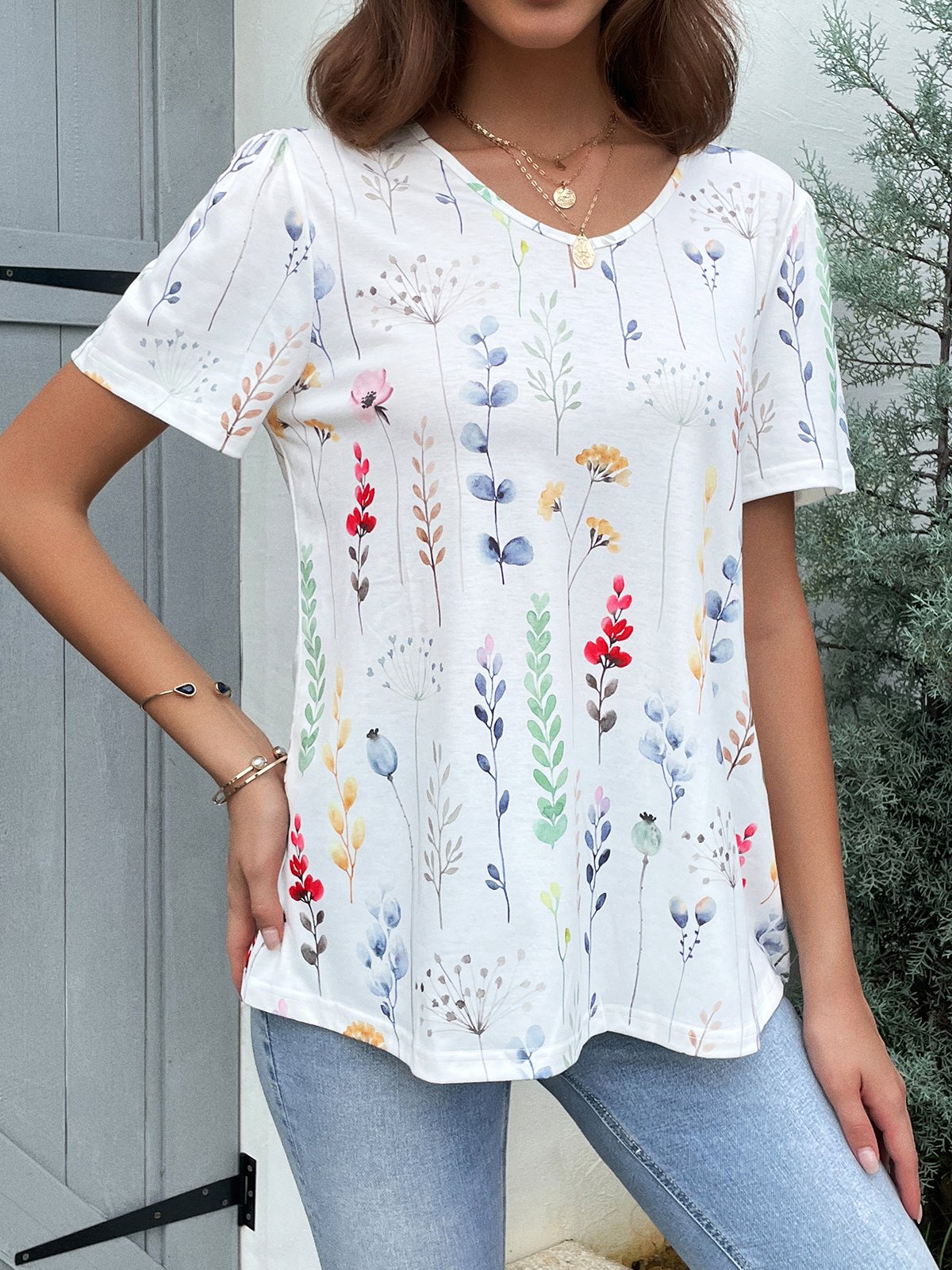 V Neck Casual Loose Floral Shirt