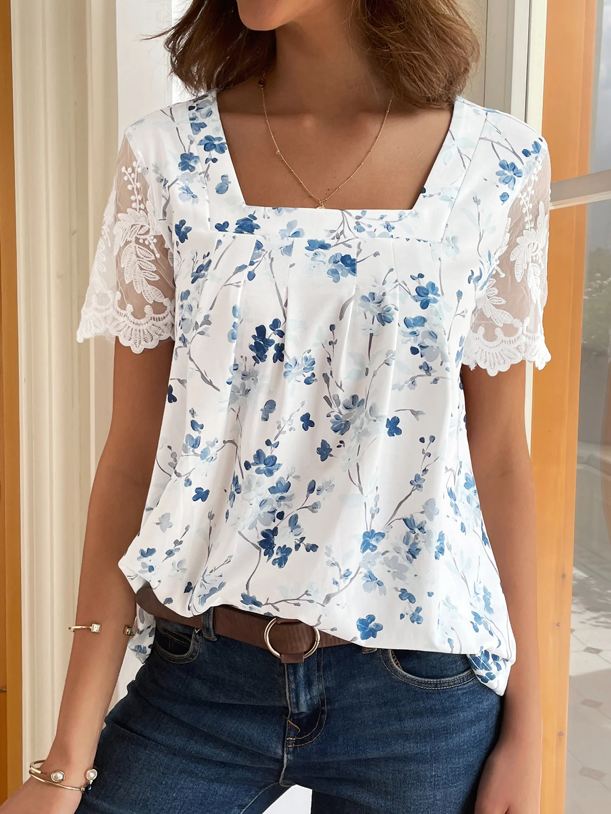 Casual Lace Square Neck Floral Shirt