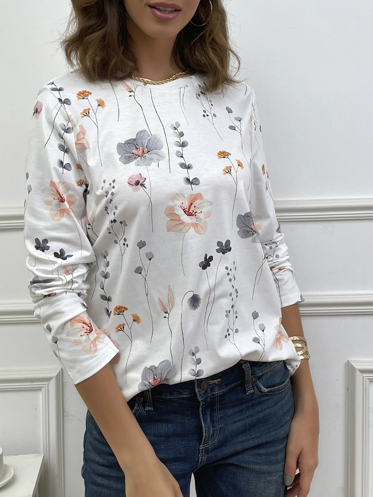 Women Floral Print Casual Crew neck Long Sleeve T-Shirt