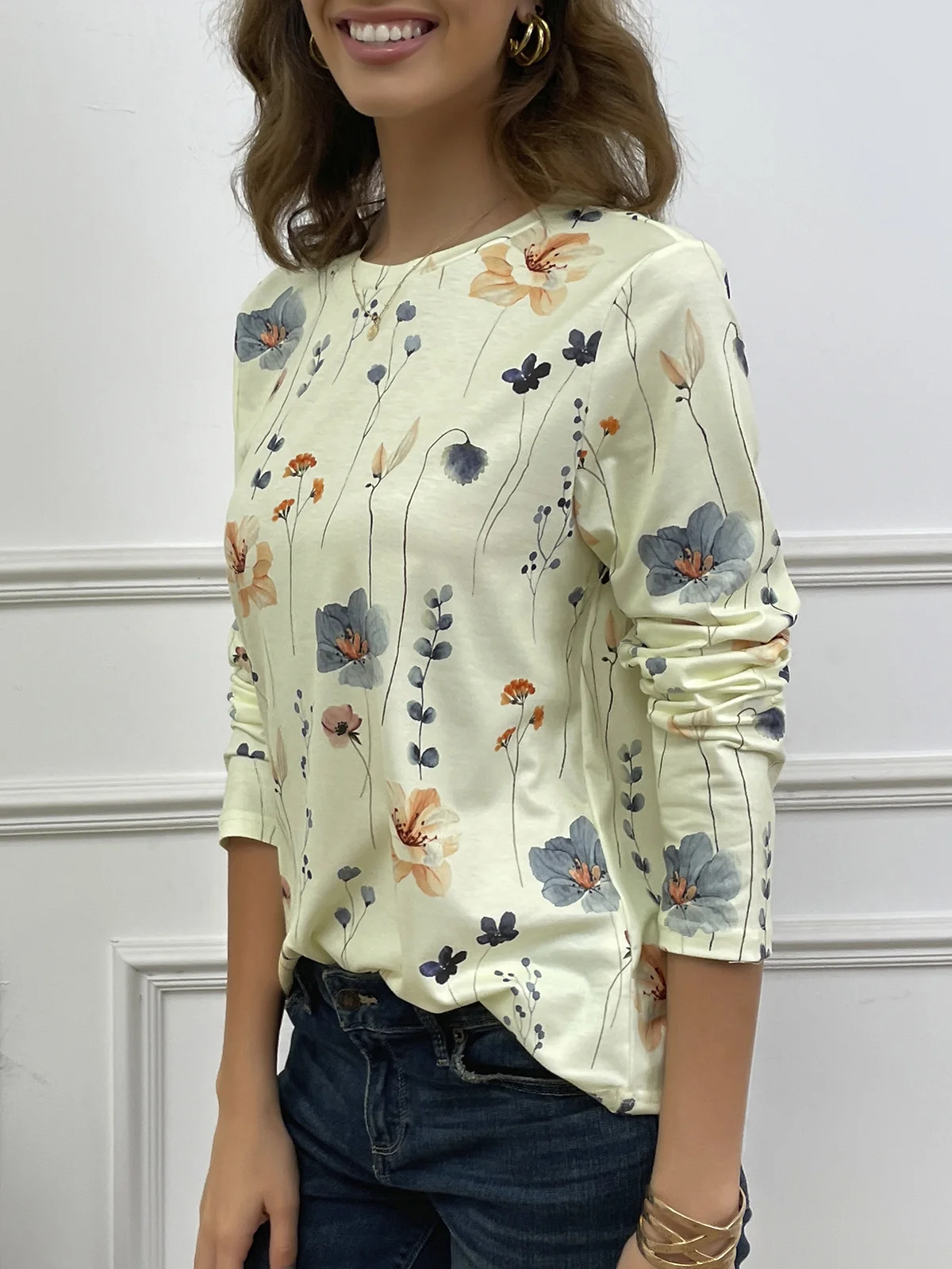 Women Floral Print Casual Crew neck Long Sleeve T-Shirt