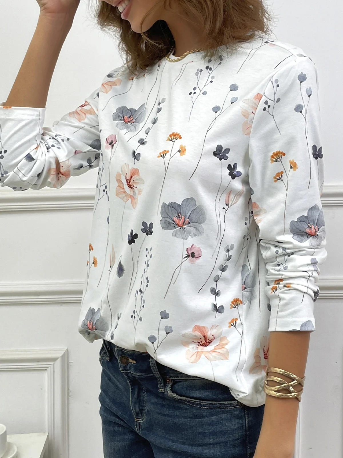 Women Floral Print Casual Crew neck Long Sleeve T-Shirt