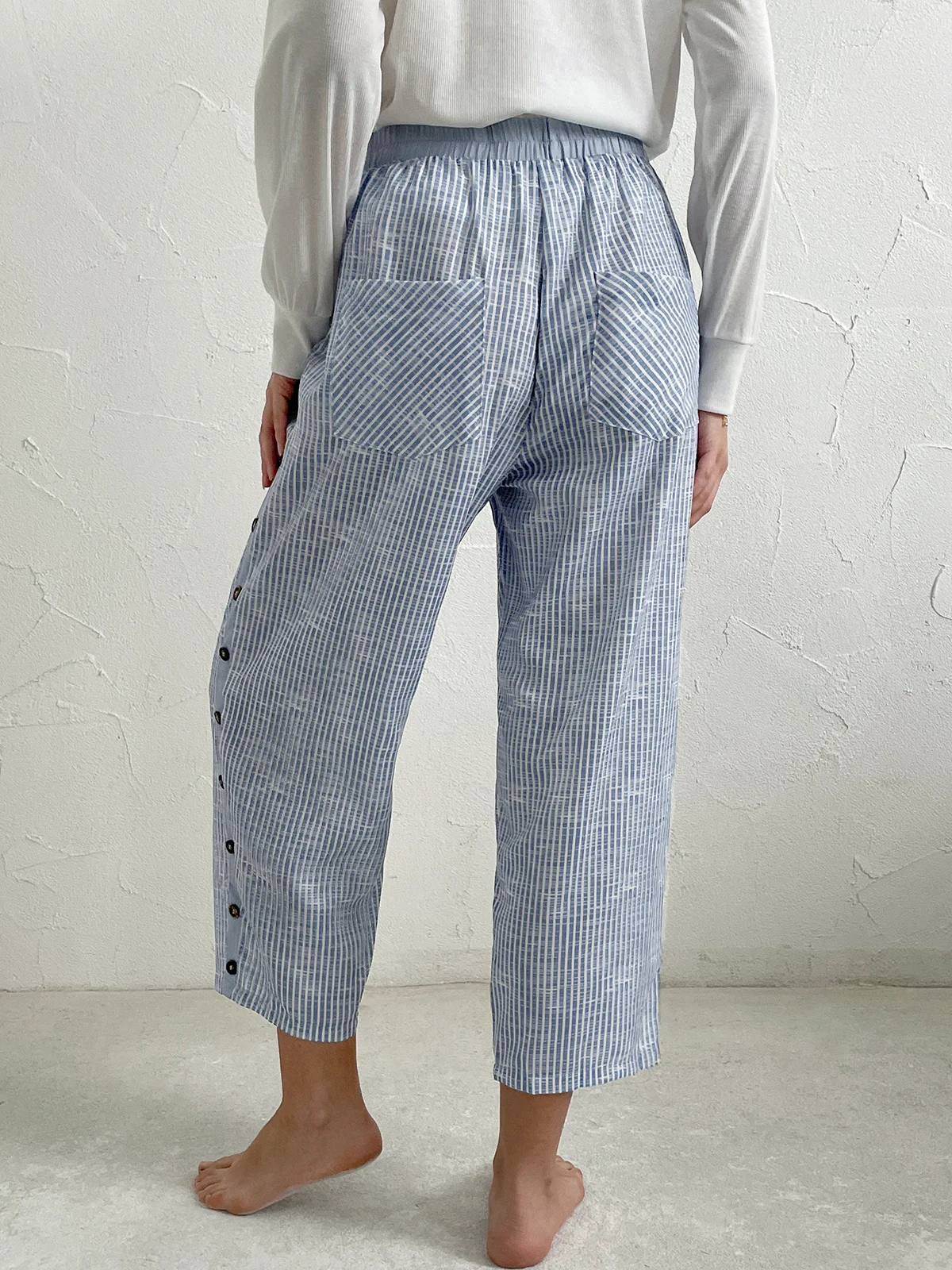 Striped Casual Loose Button Detail Pocket Pant