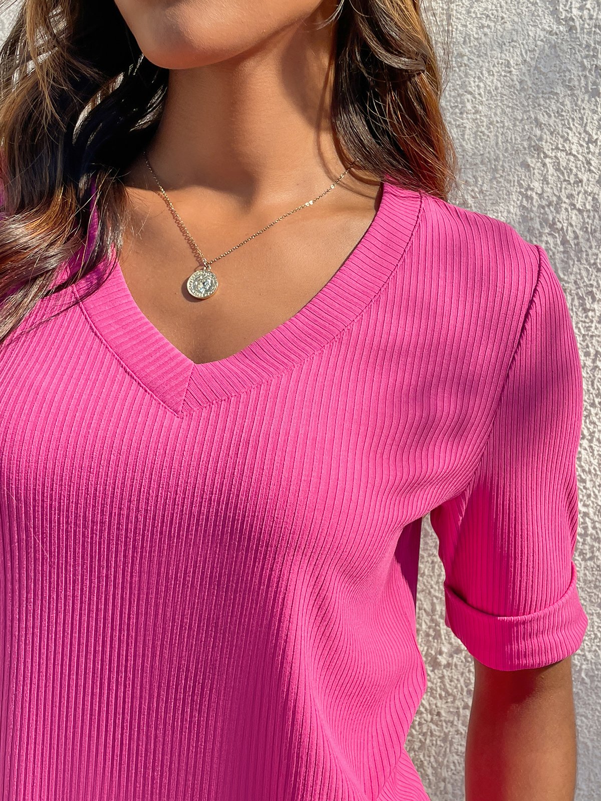 Women's Casual Pink Plain V Neck Half Sleeve Soft Comfy T-shirt