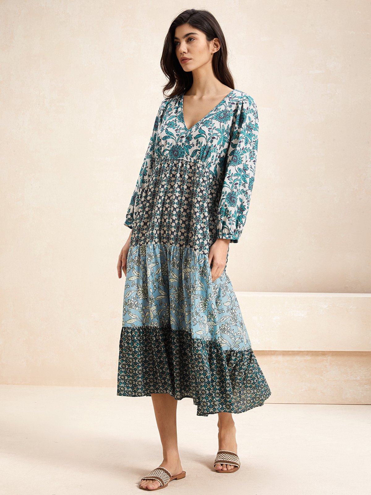 Women Floral Pattern V Neck Long Sleeve Comfy Casual Maxi Dress