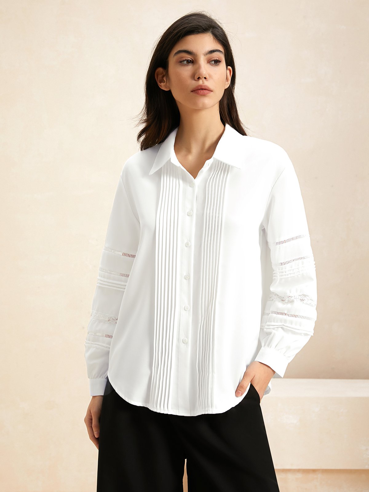 Shirt Collar Long Sleeve Plain Lightweight Loose TUNIC Blouse For Women
