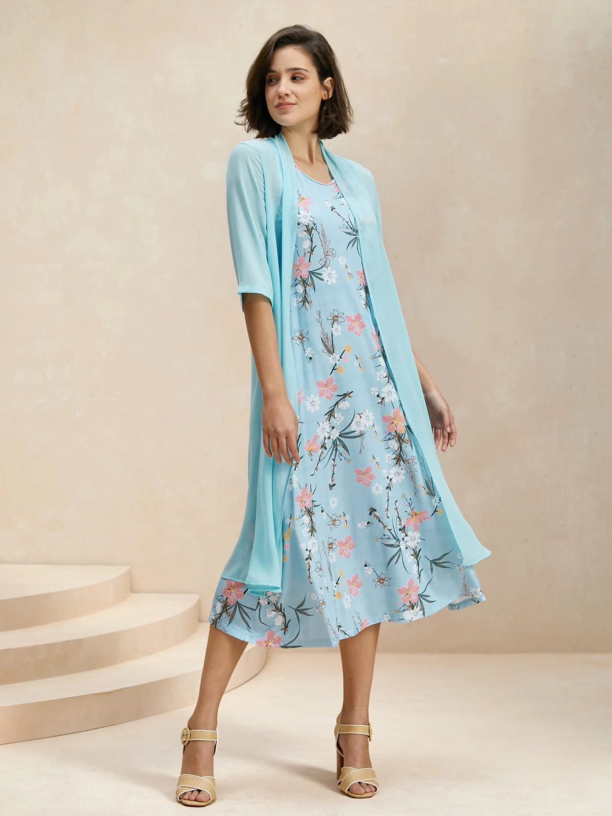 Floral Printed Round Neck Long Casual Sky Blue Dress-Two Piece Set