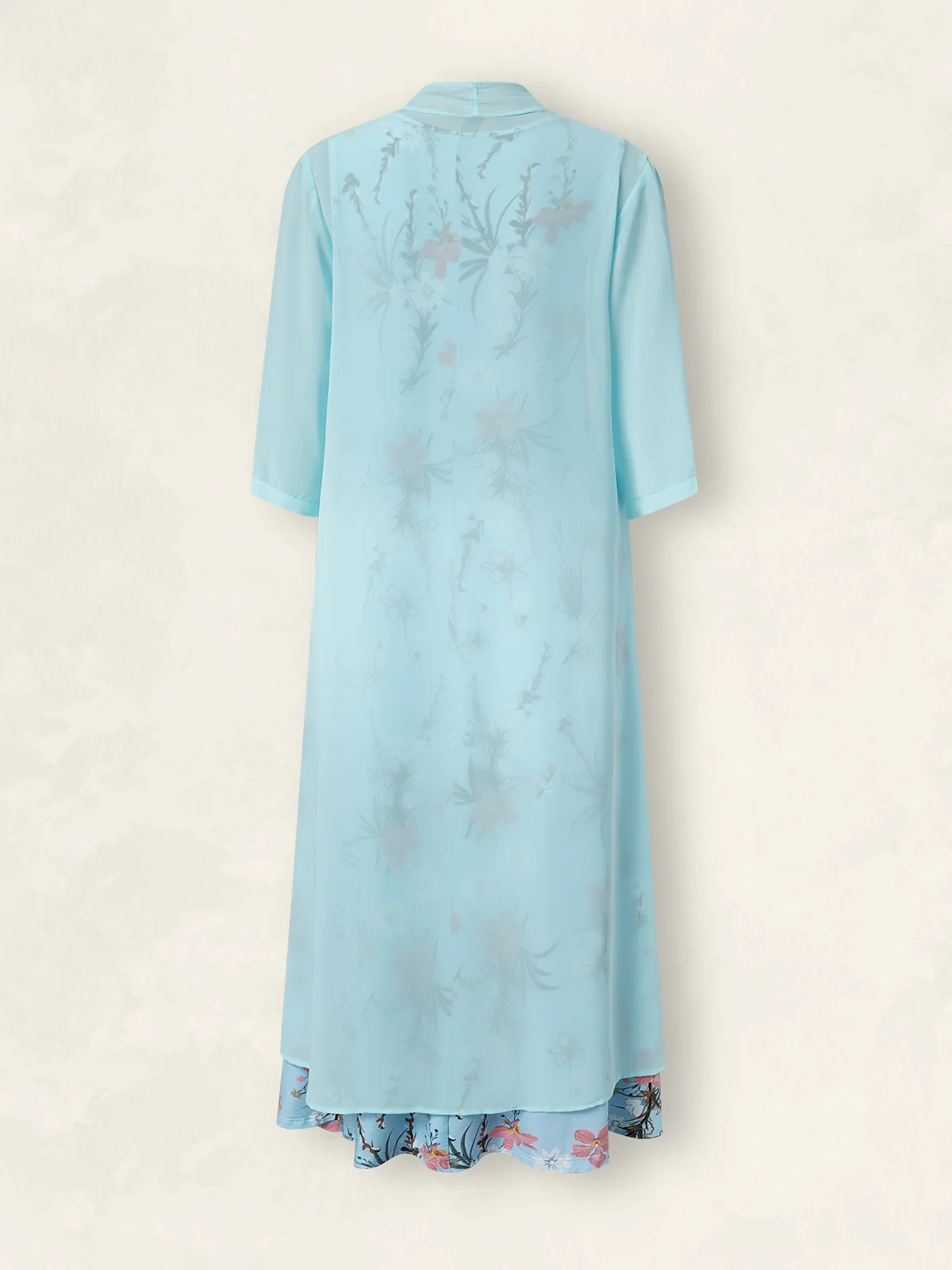 Floral Printed Round Neck Long Casual Sky Blue Dress-Two Piece Set