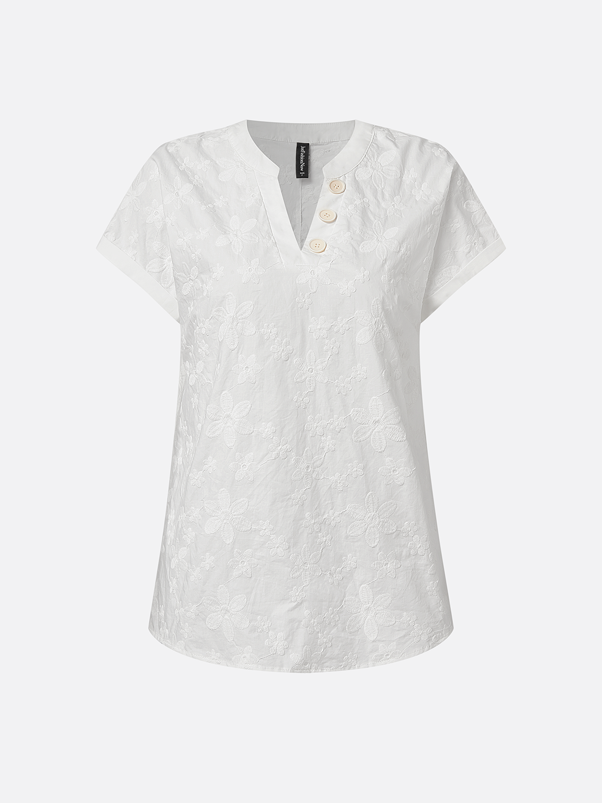 V Neck Short Sleeve Plain Embroidery Regular Loose Shirt For Women