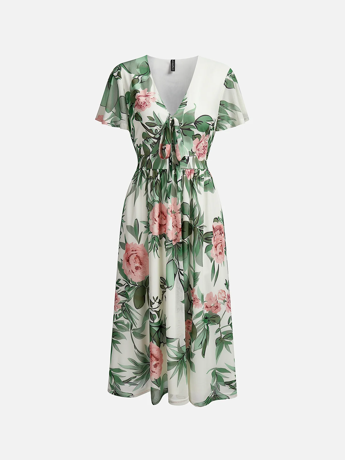 Women Floral V Neck Short Sleeve Comfy Elegant Lace-up Midi Dress