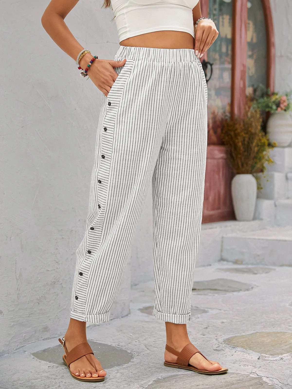 Casual Striped Long Buttoned Pant