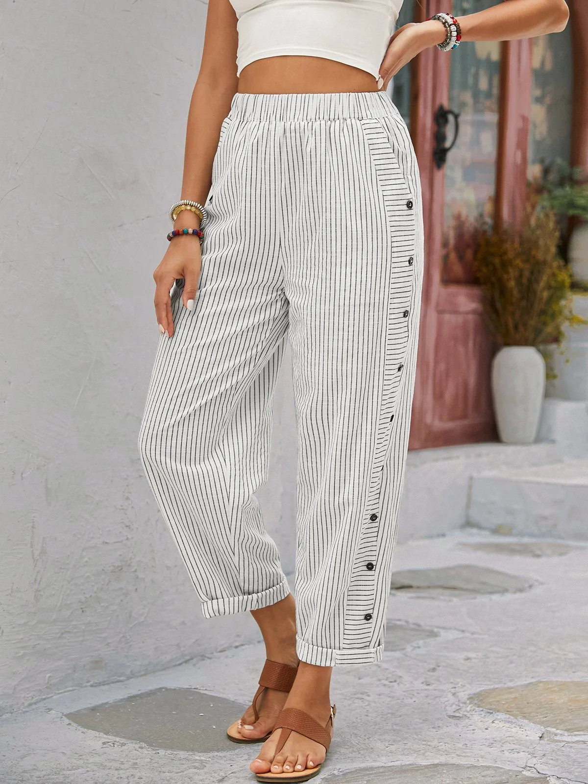 Casual Striped Long Buttoned Pant