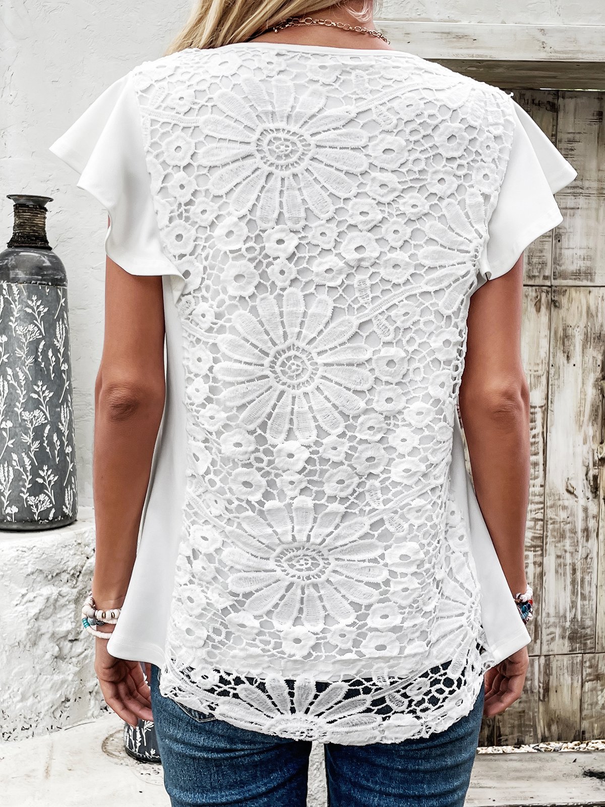Notched Short Sleeve Plain Lace Regular Micro-Elasticity Loose Shirt For Women