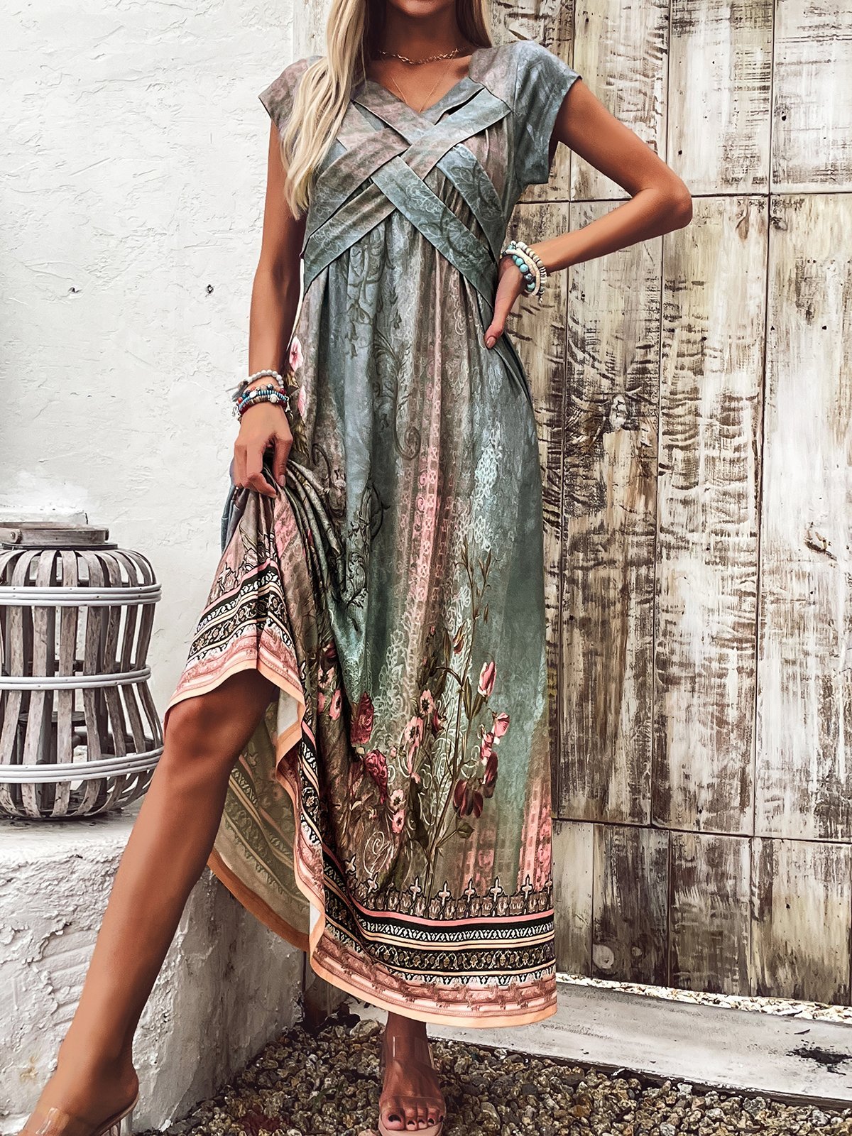 Women Nationality/ethnic V Neck Short Sleeve Comfy Casual Maxi Dress