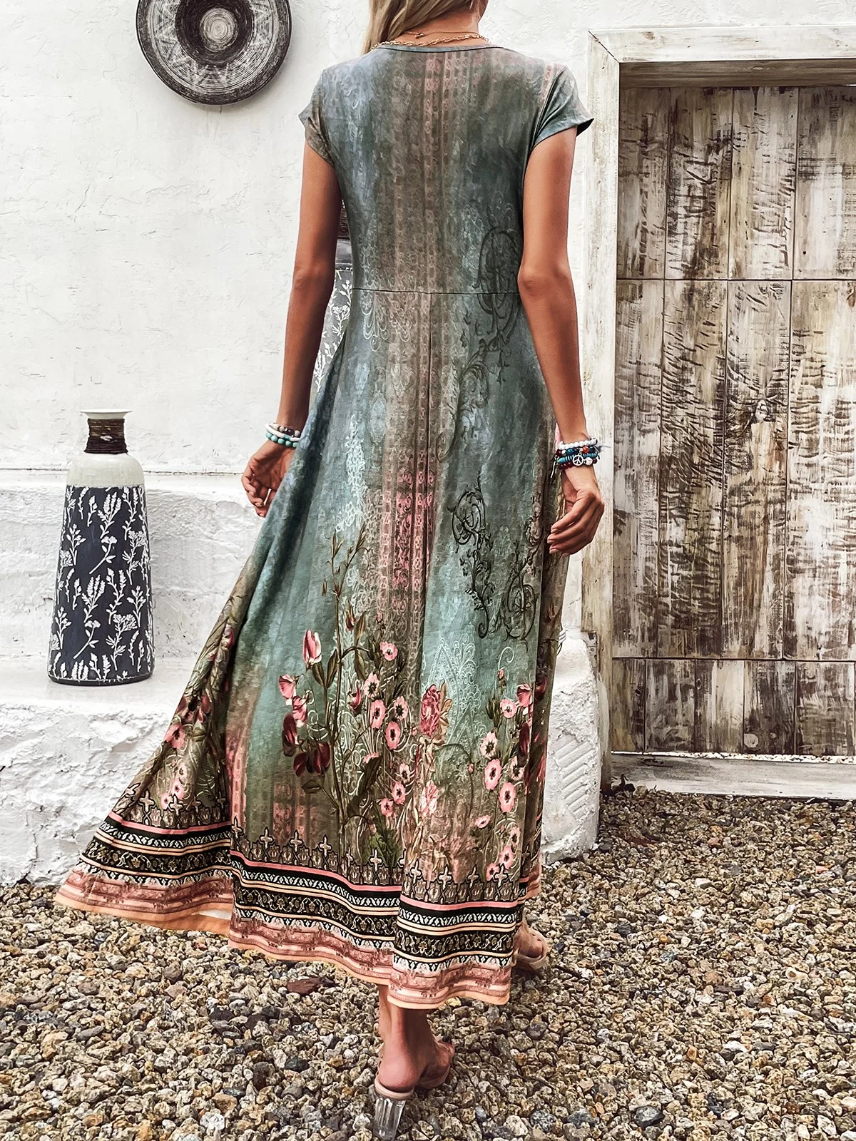 Women Nationality/ethnic V Neck Short Sleeve Comfy Casual Maxi Dress