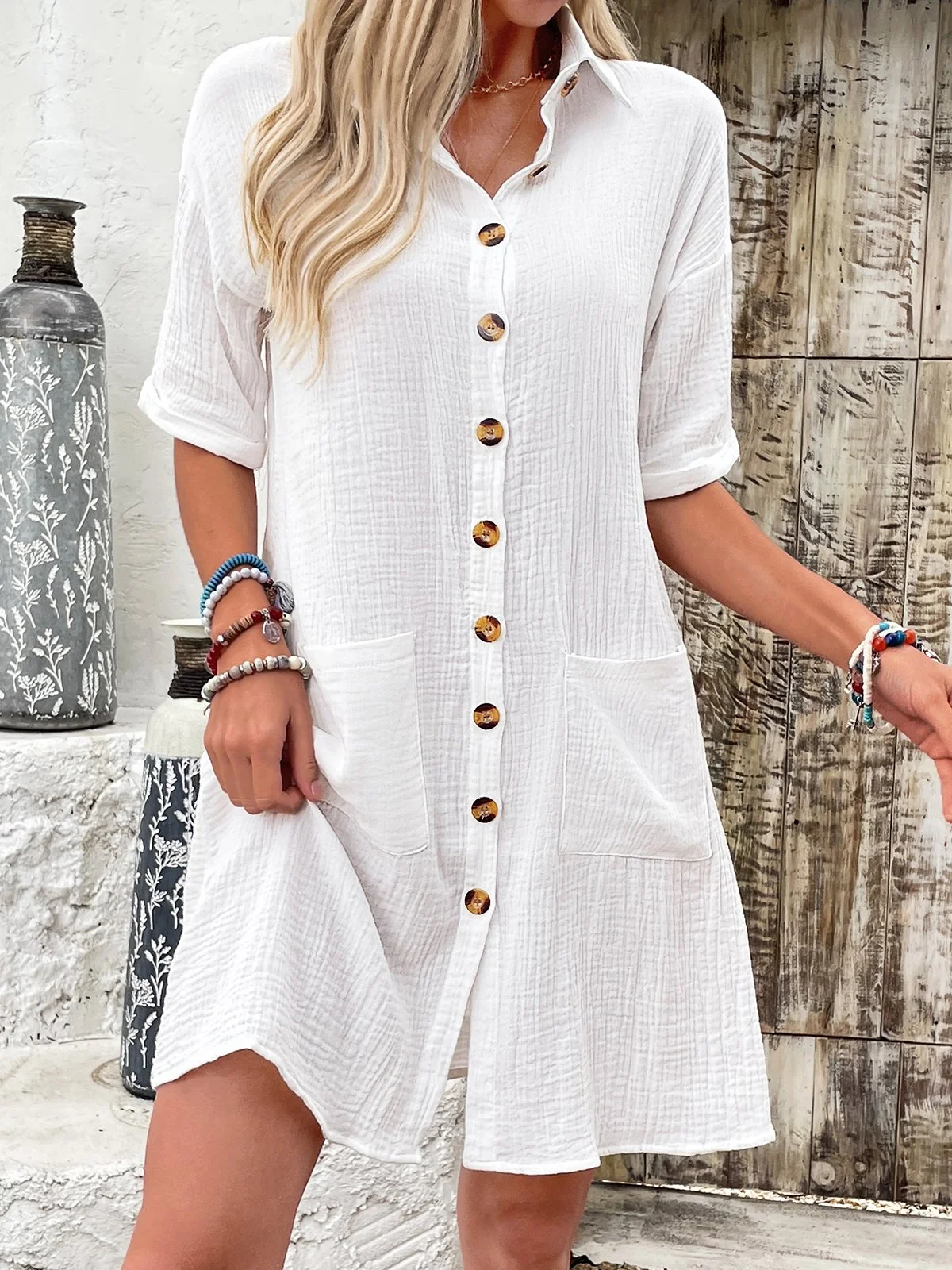 Women Plain Shirt Collar Short Sleeve Comfy Casual Mini Dress