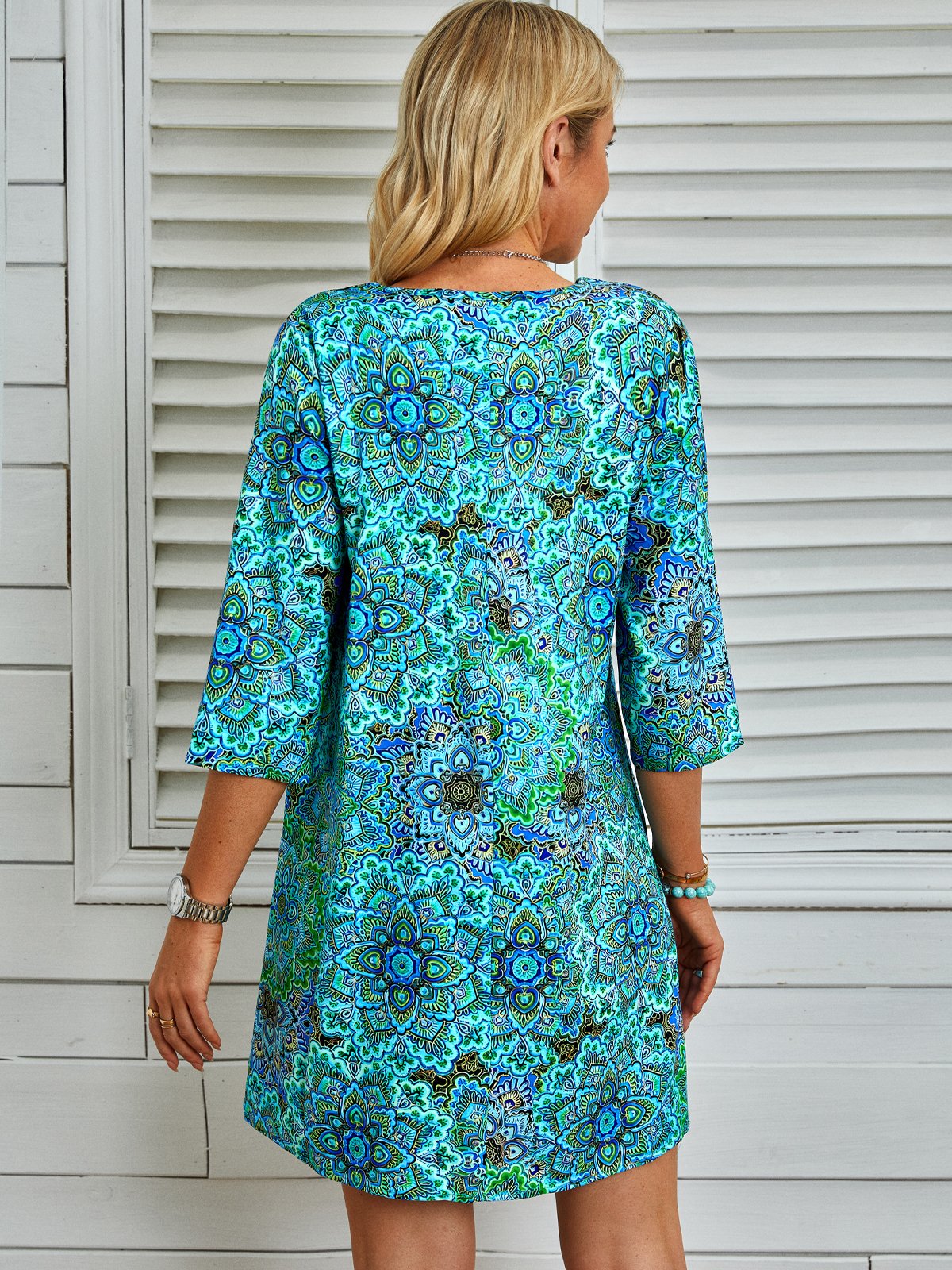 Polyester Fibre Floral V Neck Boho Short Tunic Dress