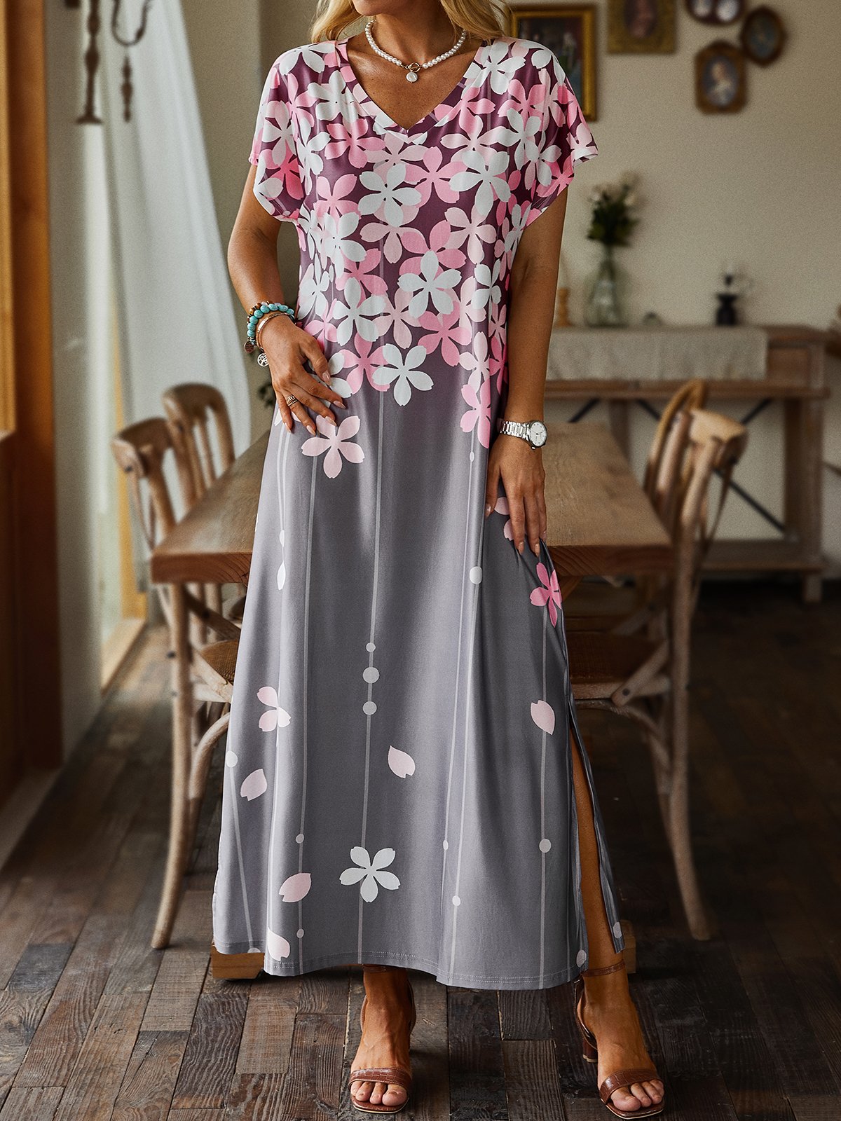 Casual Floral Short Sleeve V Neck Plus Size Printed Dress