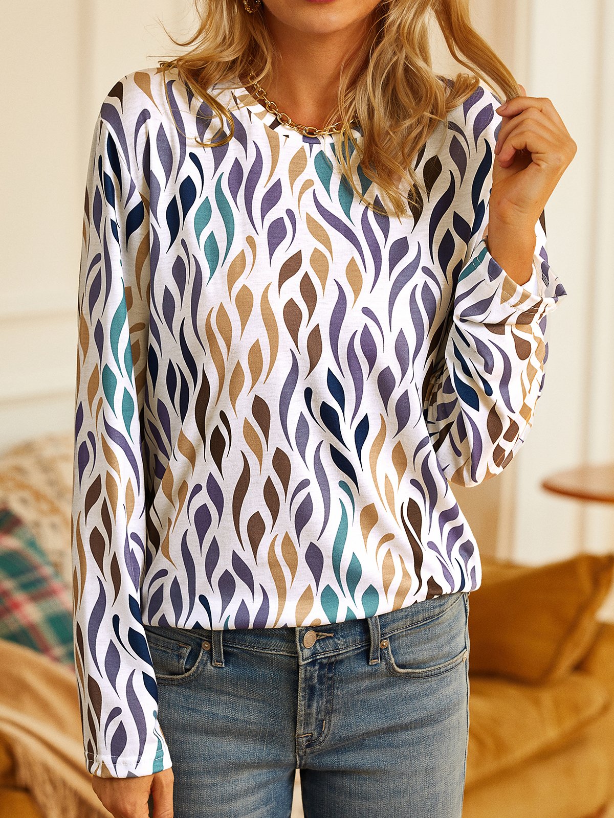 Geometric Printed Casual Long-sleeve T-shirt