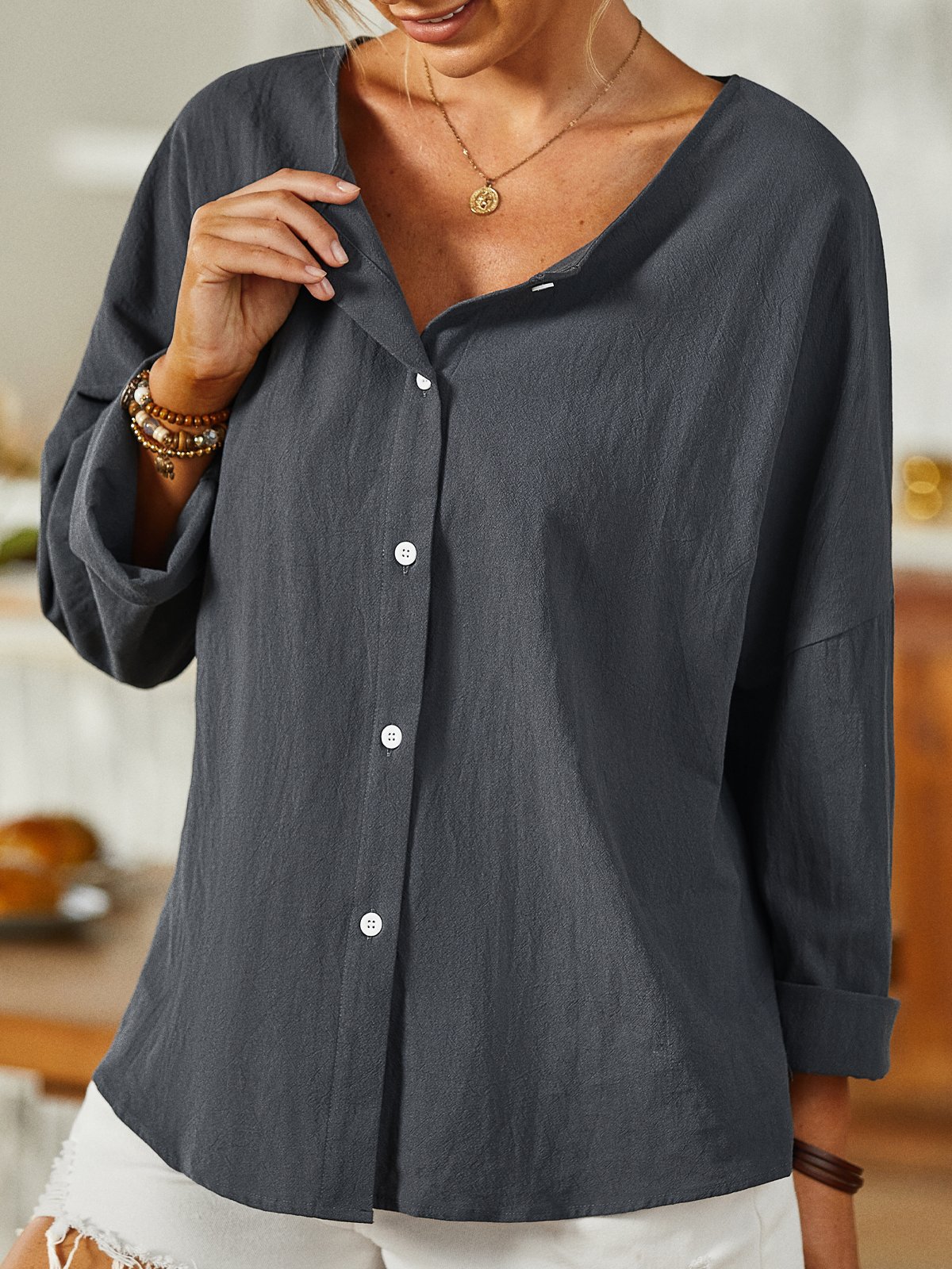 Casual Shirt Collar Cotton-Blend Tunic Top