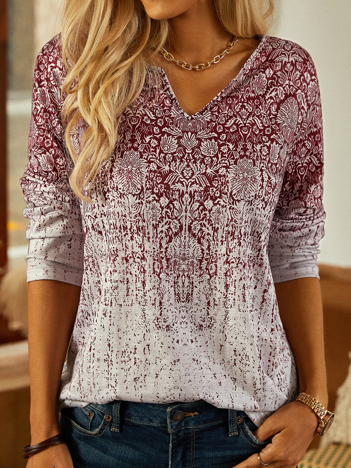 Ethnic Long Sleeve Notched Casual T-Shirt