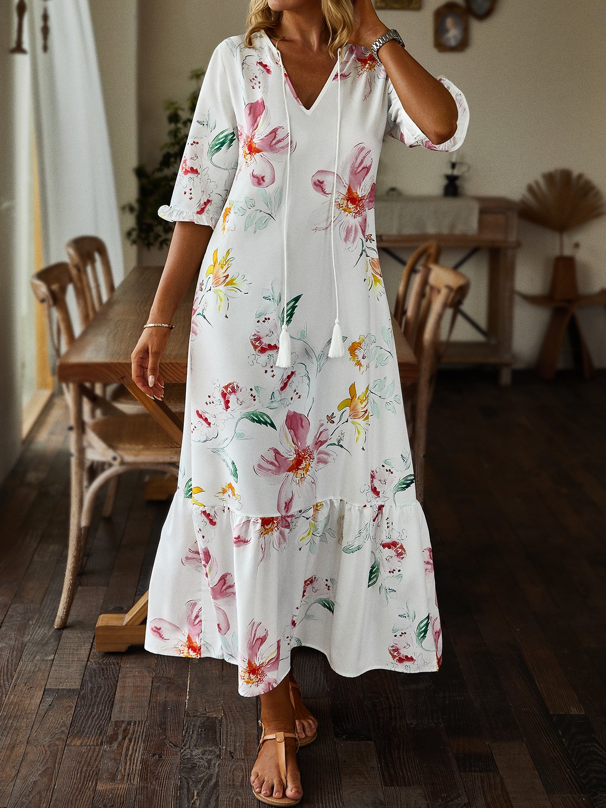 Women's Shift Dress Short Maxi Dress half Sleeve Floral Print Summer Fall V Neck Casual dress 2022