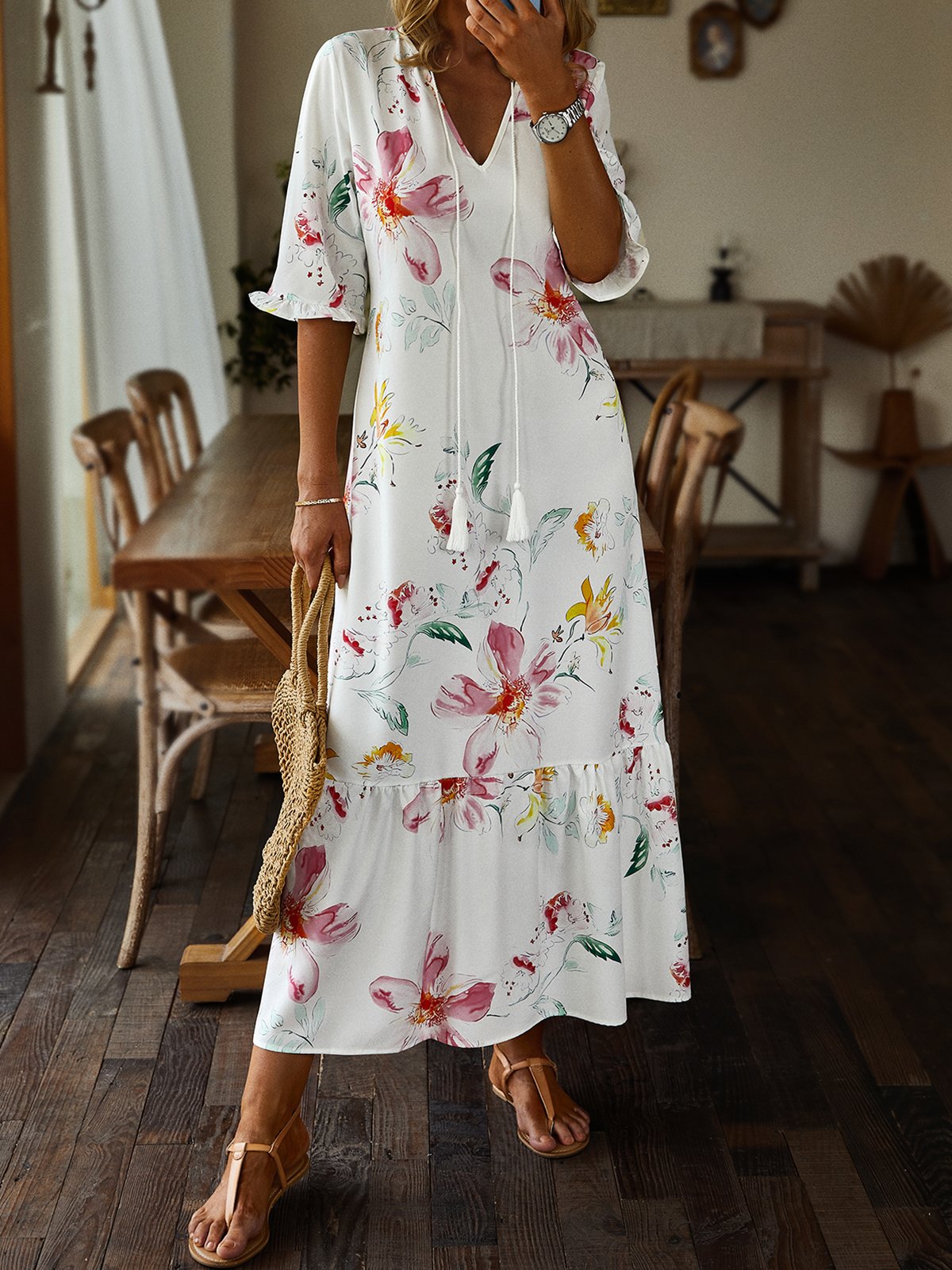 Women's Shift Dress Short Maxi Dress half Sleeve Floral Print Summer Fall V Neck Casual dress 2022