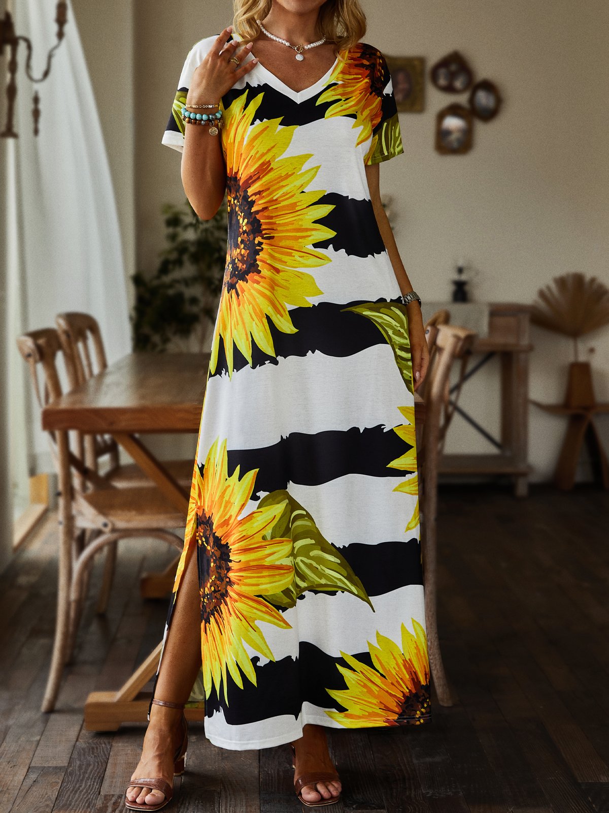 Casual Sunflower Short Sleeve V Neck Plus Size Printed Dress