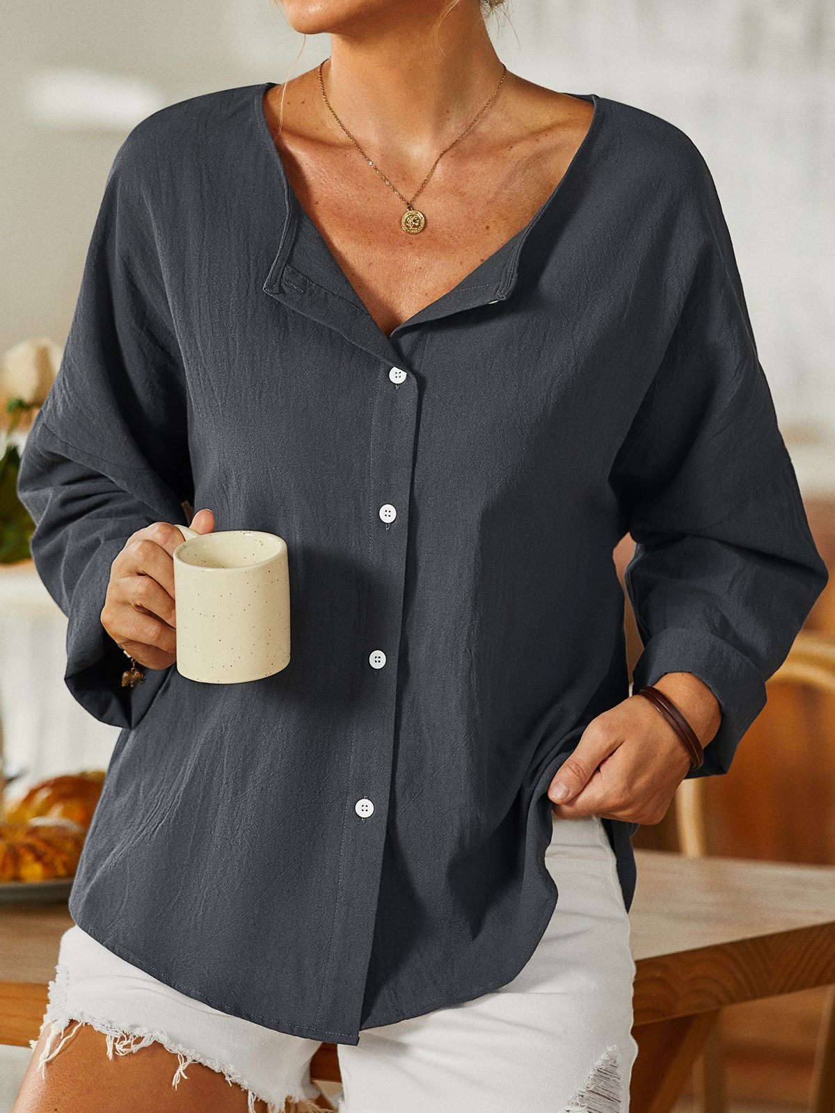 Casual Shirt Collar Cotton-Blend Tunic Top