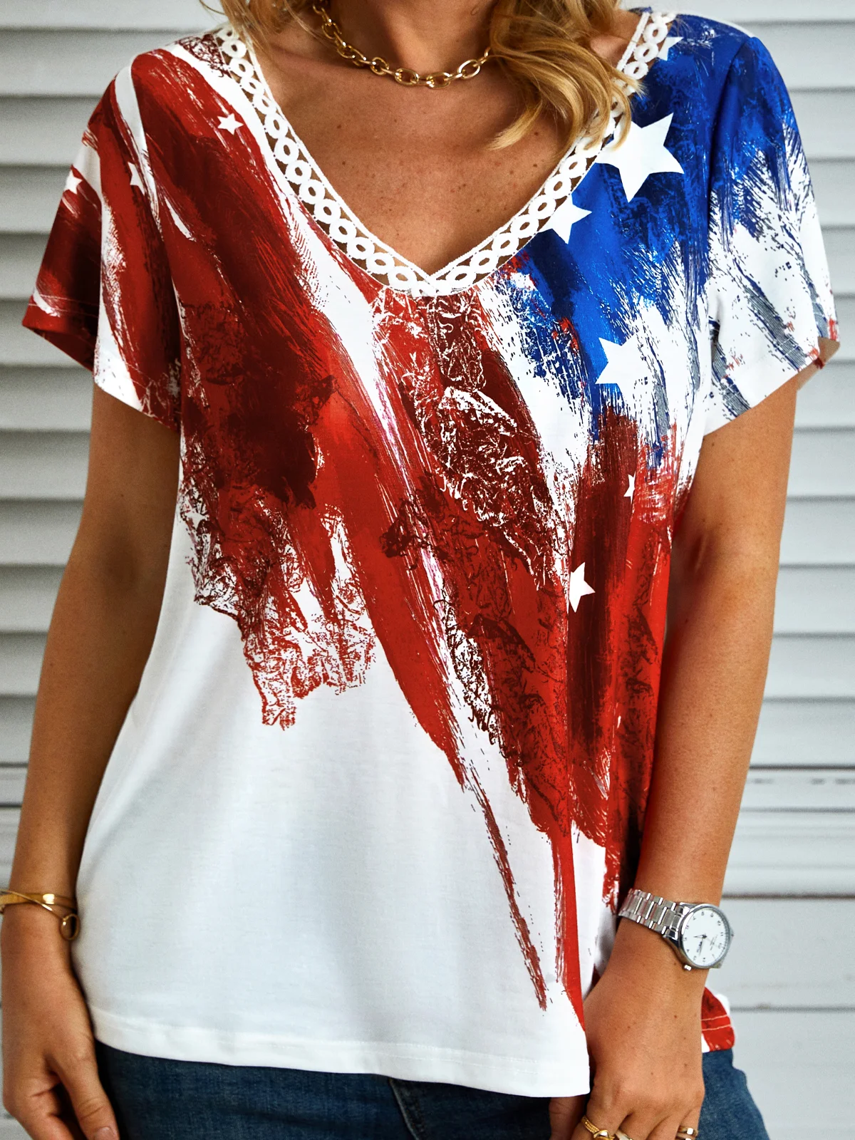 Flag Star Striped Printed Casual Loosen V NeckShort Sleeve T-Shirt