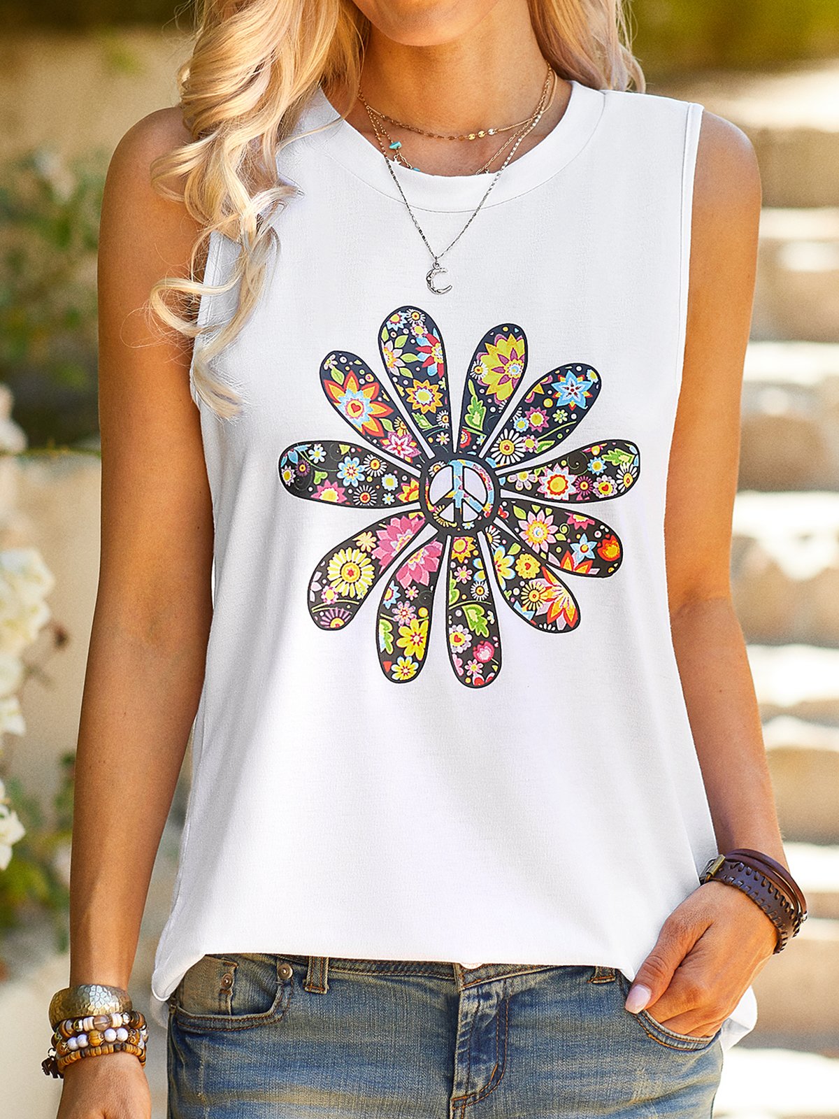 Floral-Print Cotton-Blend Casual Crew Neck Top