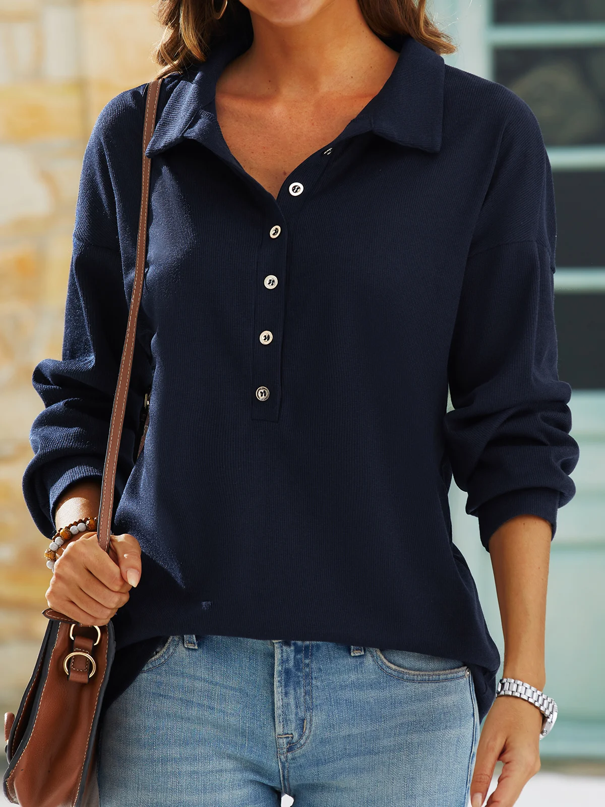 Navy Button Front Long Sleeve Henley Top