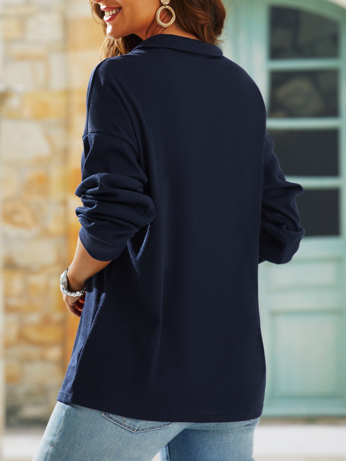 Navy Button Front Long Sleeve Henley Top