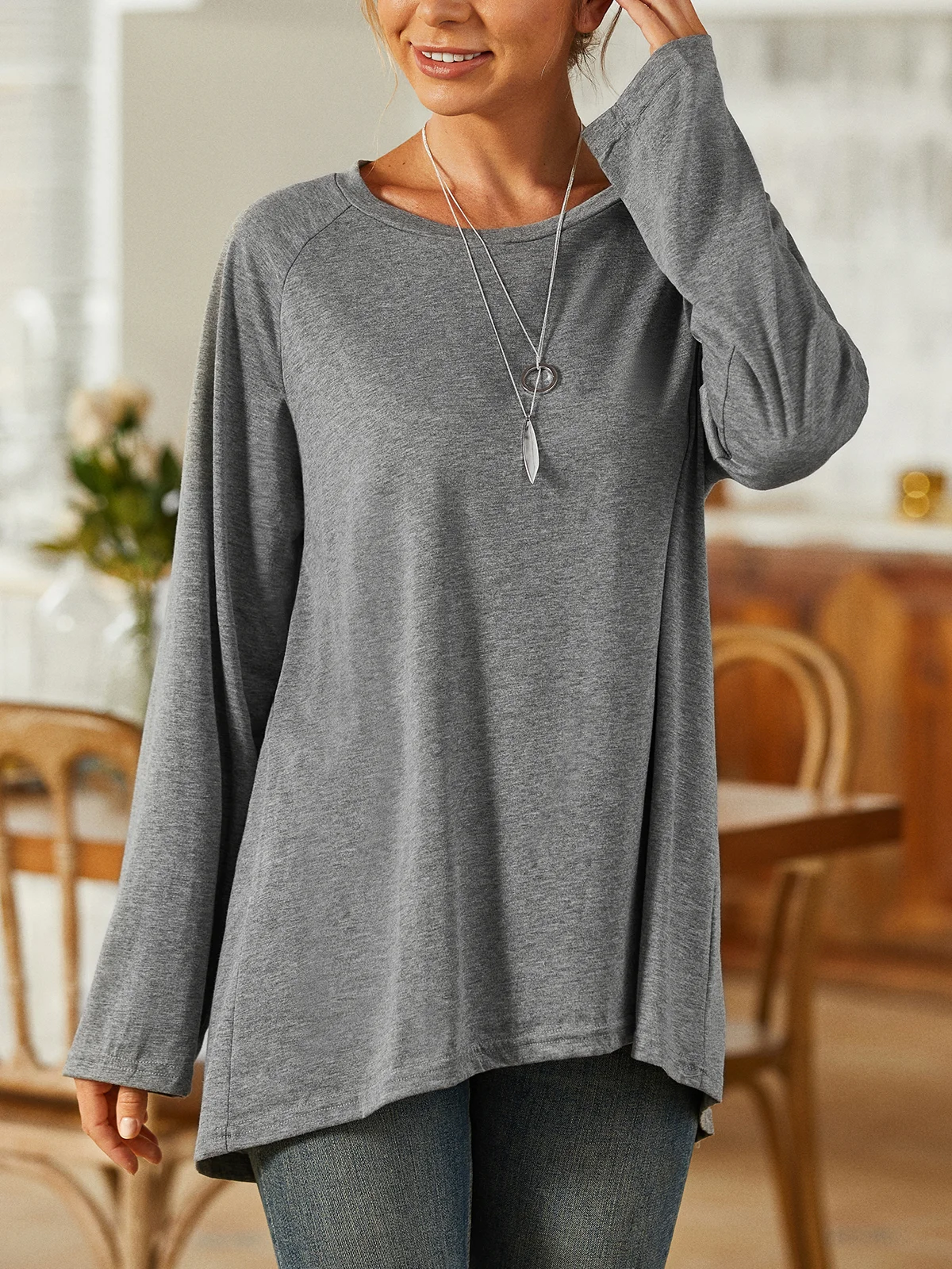 Gray Casual Crew Neck Long Sleeve Solid Soft T-shirt