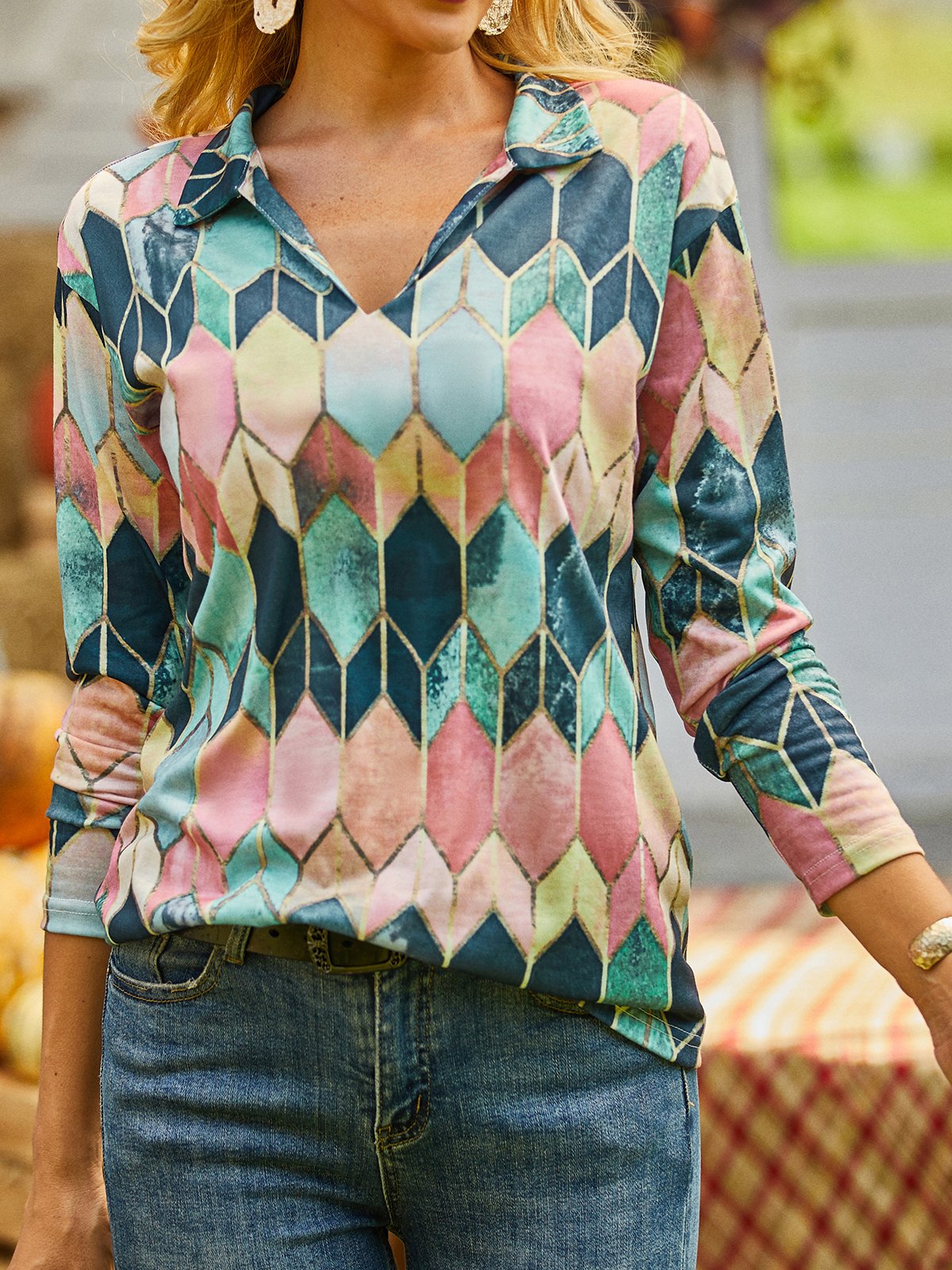 Color-Block Long Sleeve Shirt Collar Abstract Blouse