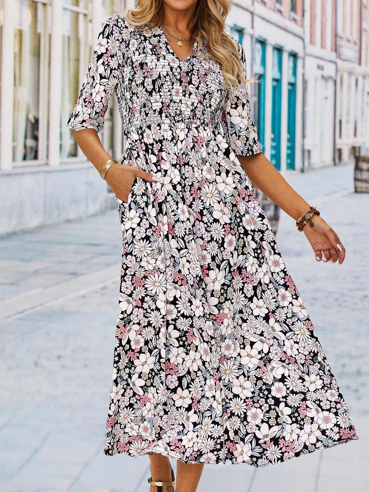 Floral V neck Casual Half sleeve Dress