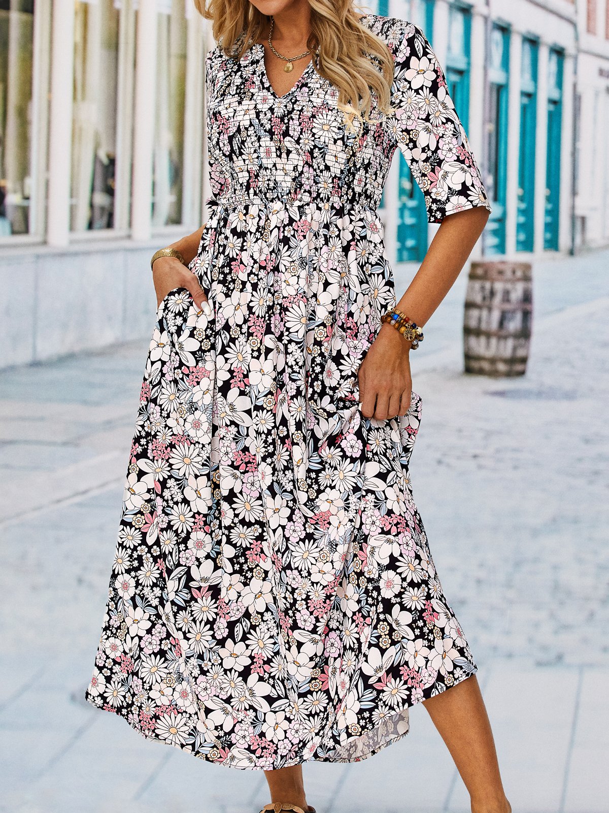 Floral V neck Casual Half sleeve Dress