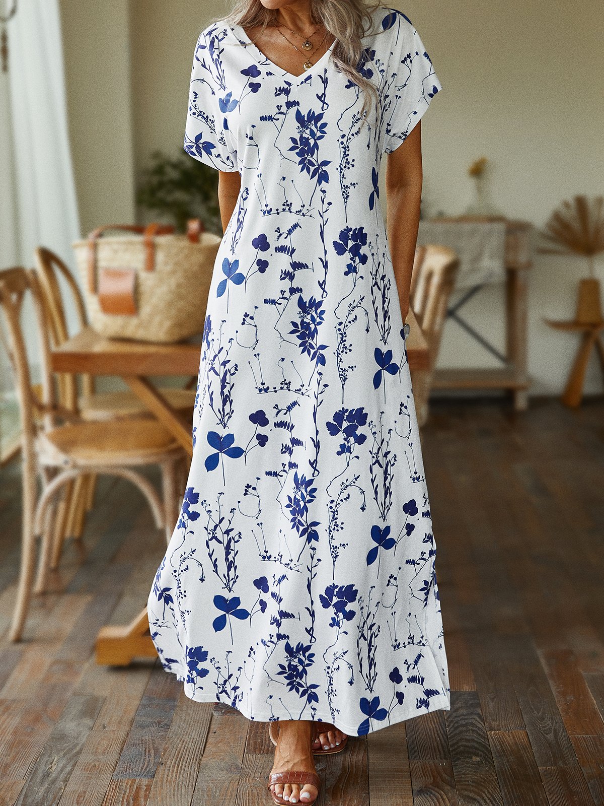 Women Floral Summer Casual V neck Natural Micro-Elasticity Daily Jersey Standard Dresses