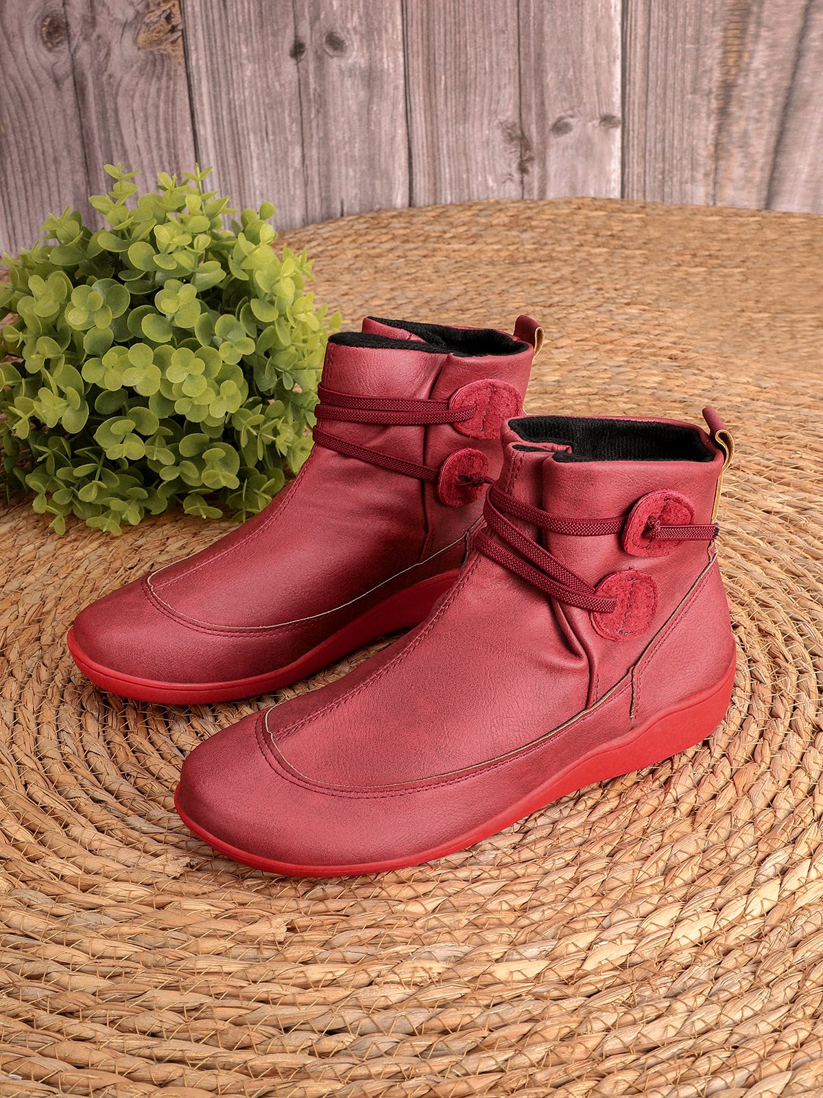 Women Casual Soft Braided Strap Lether PU Flat Heel Snow Boots