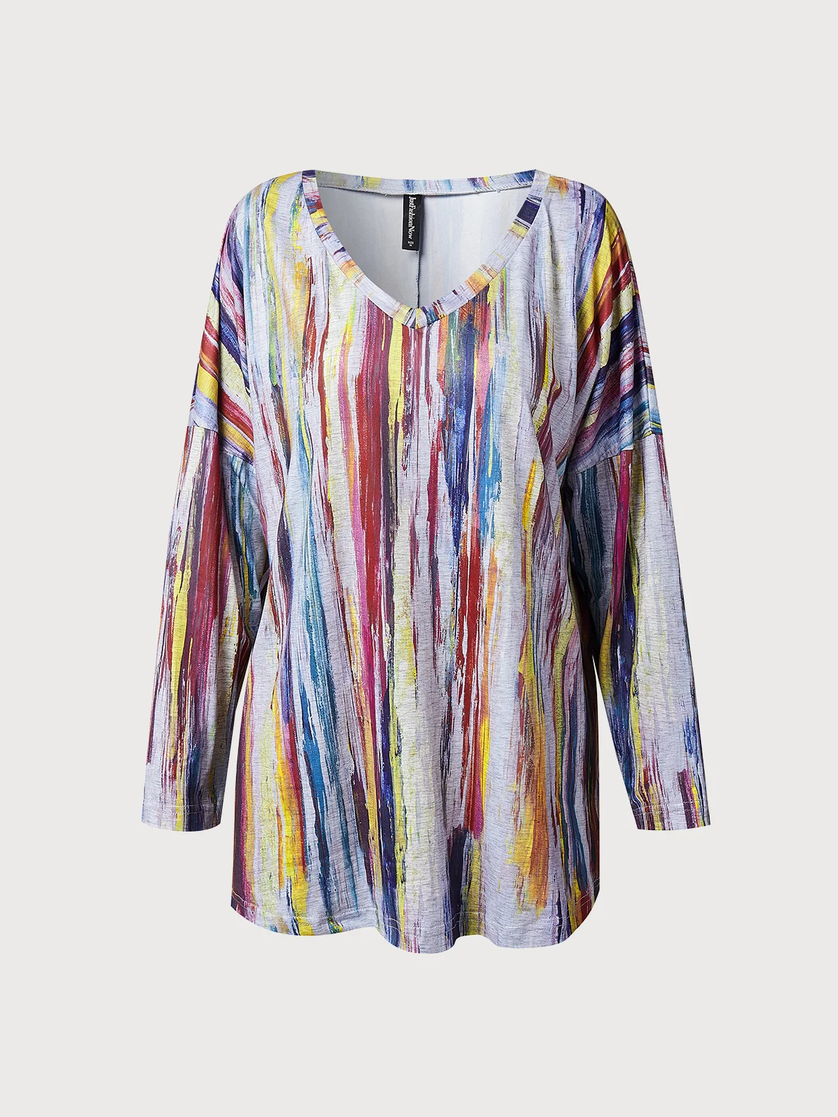 V Neck Ombre Striped Elbow-Length Sleeve T-Shirt