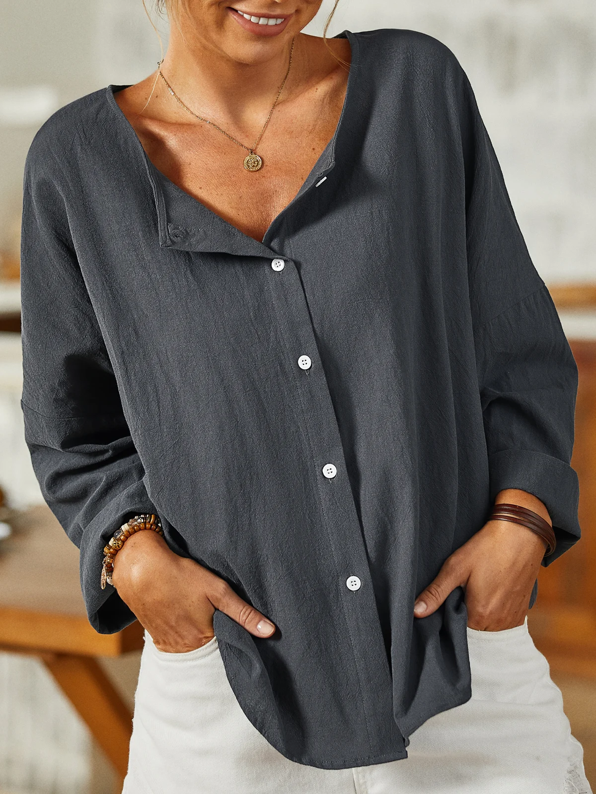 Casual Shirt Collar Cotton-Blend Tunic Top