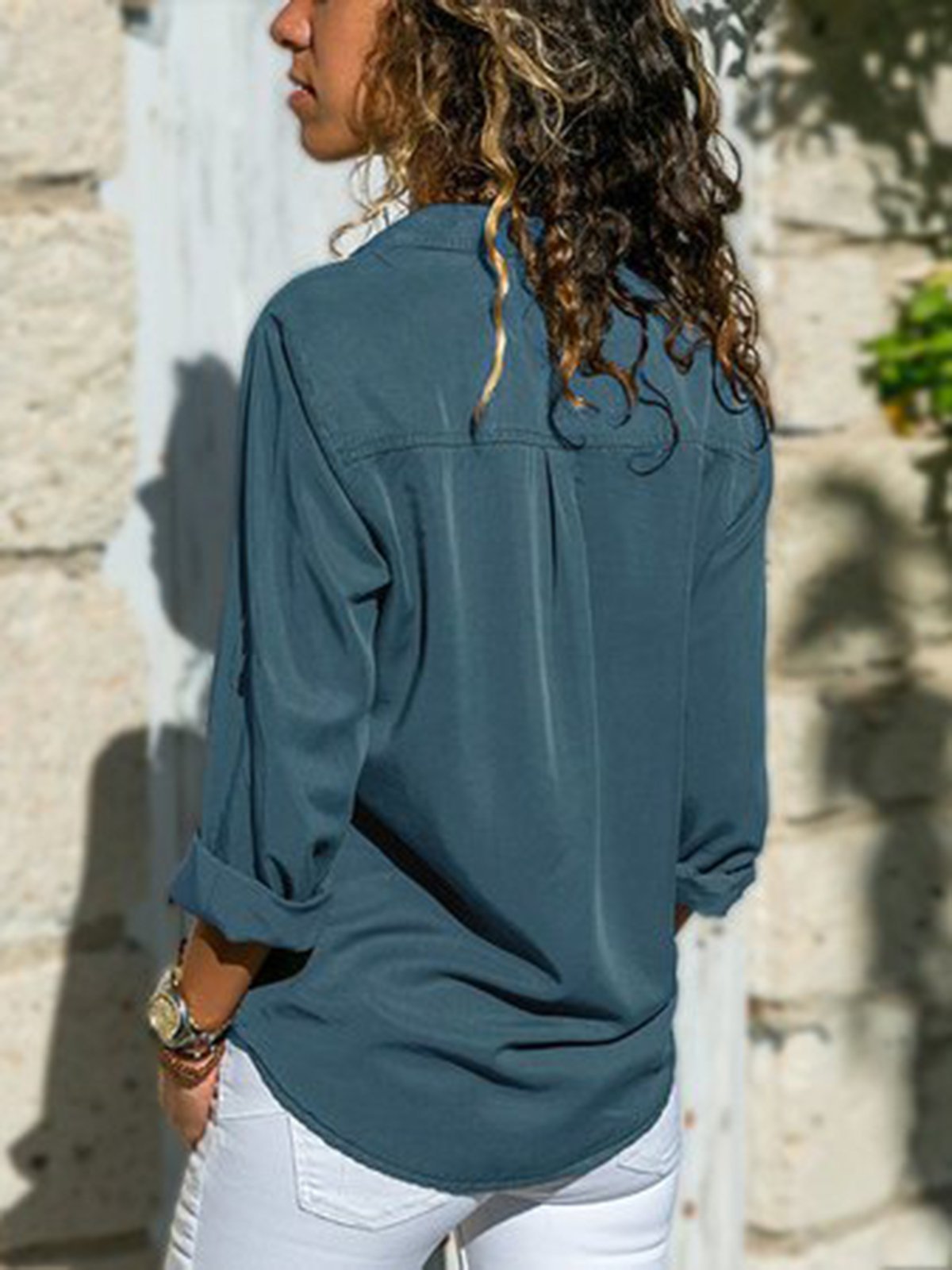 Women Fashion Turn Down Collar Solid聽 V Neck Long Sleeve Shirt | noracora
