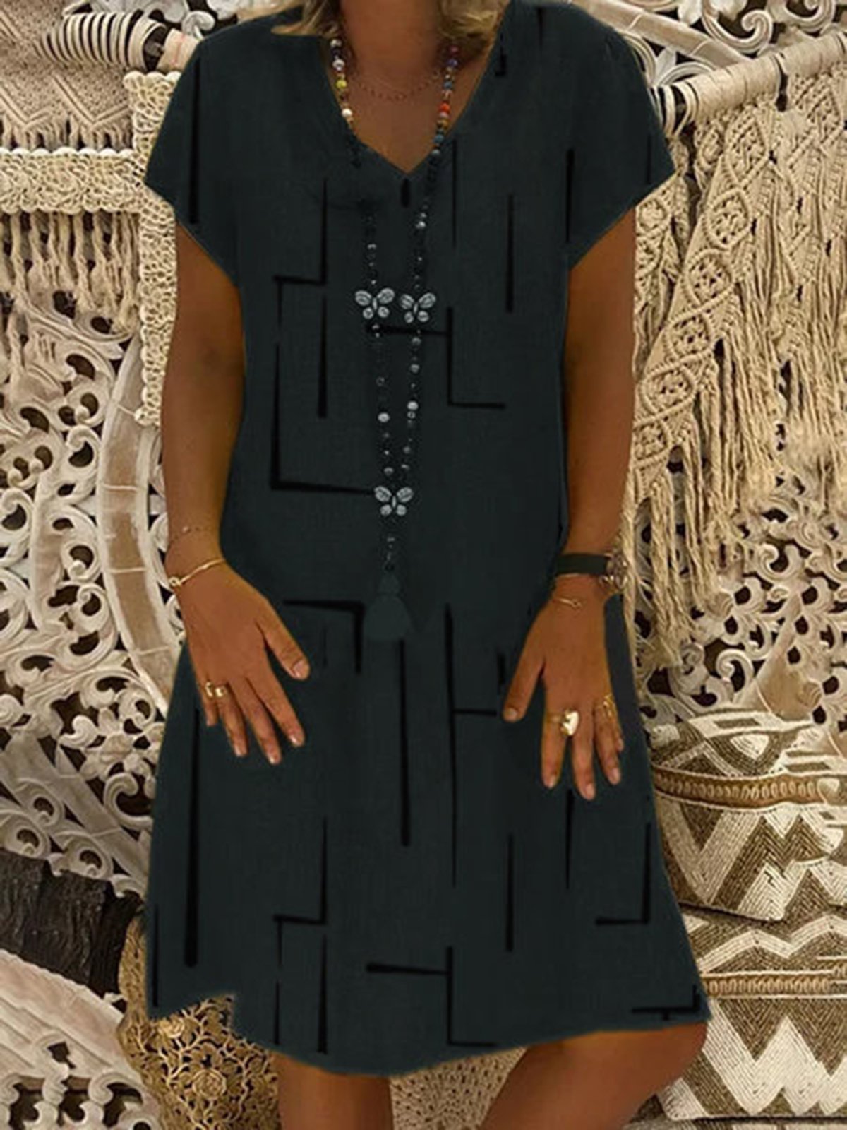 Women Fahion Short Sleeve Solid Casual Shift Knitting Dress