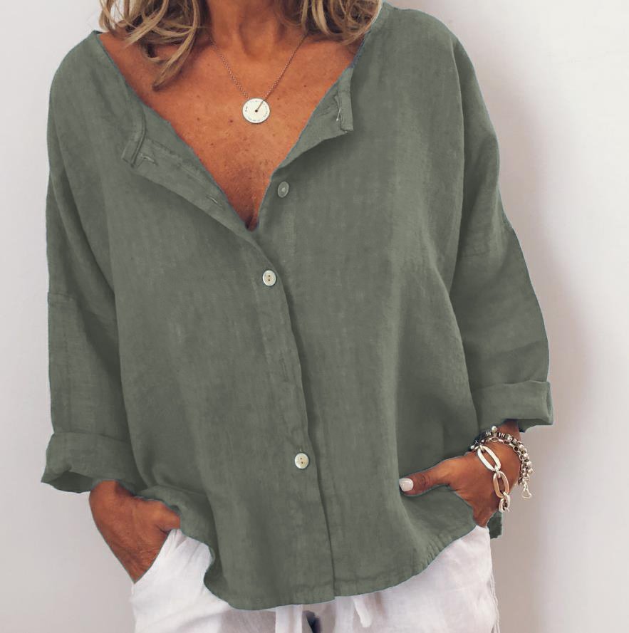 Women Casual Solid V Neck Cotton Long Sleeve Buttoned Tunic Top