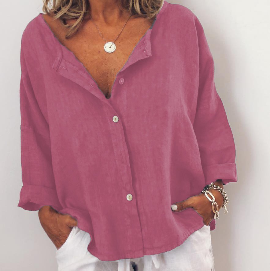 Women Casual Solid V Neck Cotton Long Sleeve Buttoned Tunic Top